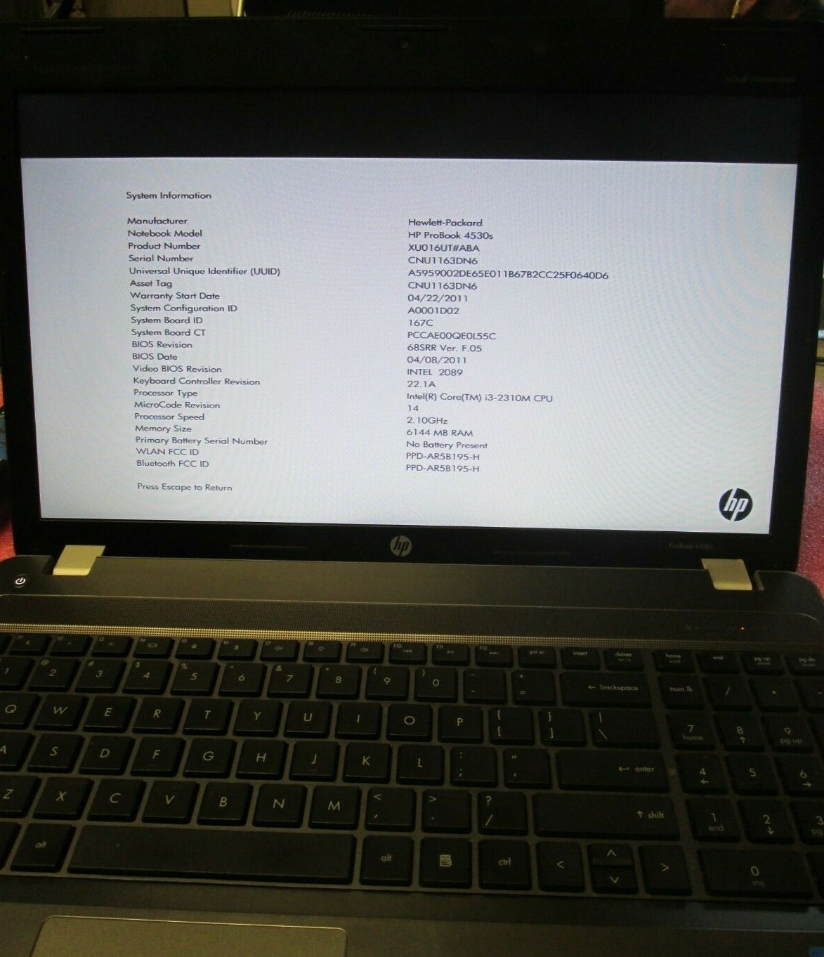 HP ProBook 4530s Intel Core i3-2310M 2.10GHz 6GB RAM NO HDD 15.6″