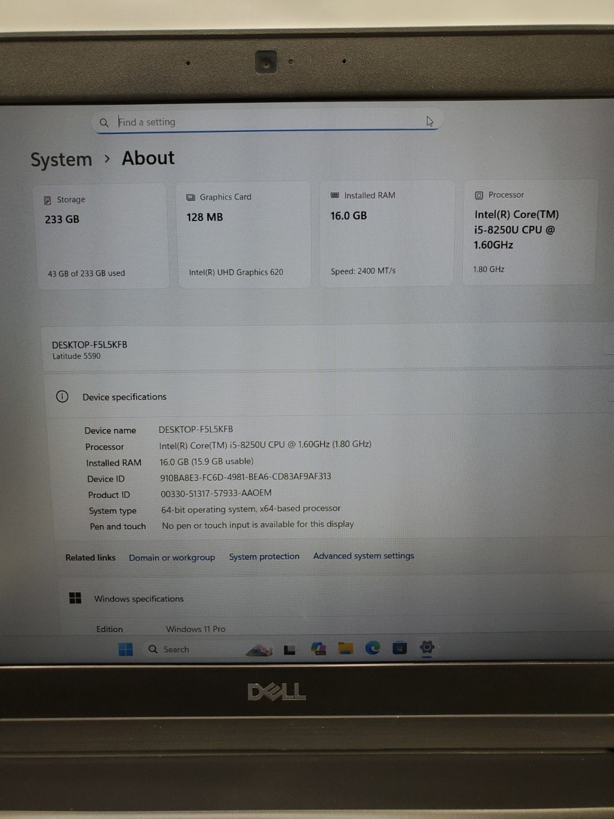 Dell Latitude 5590 15.6″ i5-8250U @ 1.6GHz 16GB RAM 256GB SSD Windows 11 Pro