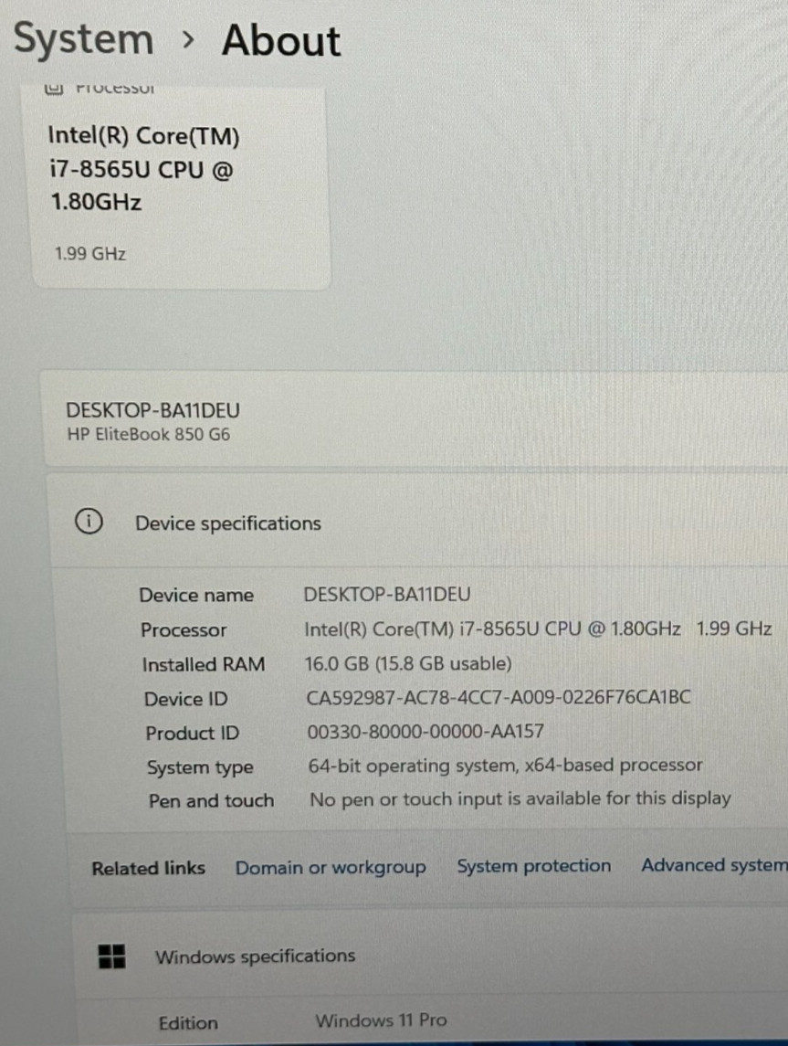 HP ELITEBOOK 850 G6 LAPTOP CORE i7-8565U @ 1.80Ghz 16GB RAM 238GB SSD (lp523)