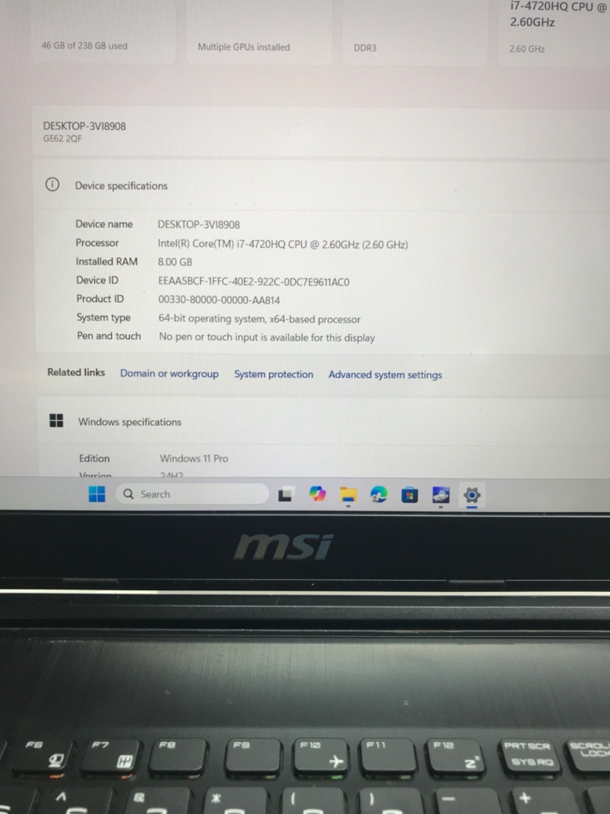 MSI GE62 2QF APACHE PRO i7-4720HQ 8GB 256GB SATA SSD W11P *READ