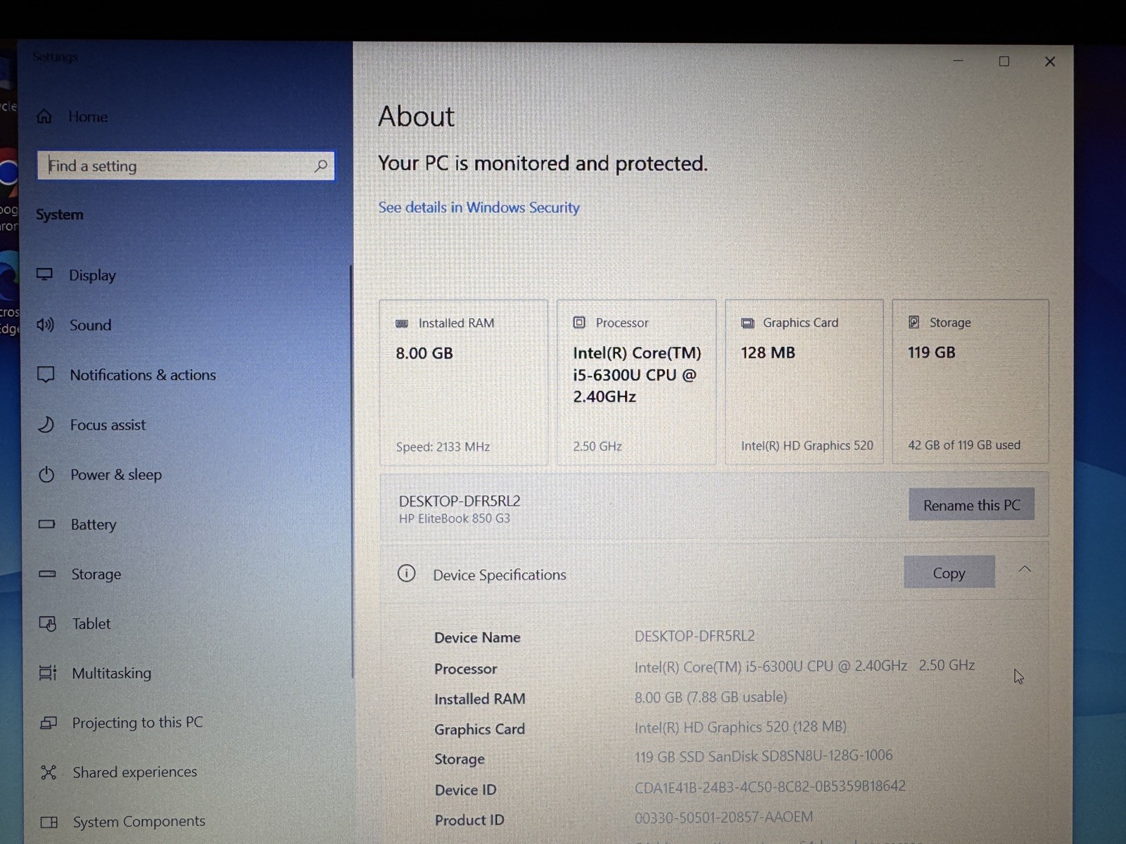 HP EliteBook 850 G3 i5-6300U 2.4GHz 8GB Ram 128GB SSD Laptop 15.6″