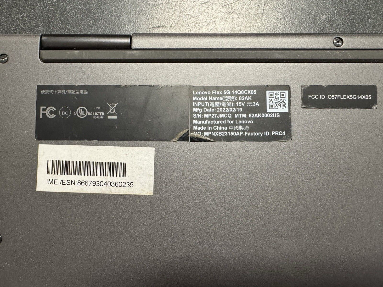Lenovo 82AK Laptop 8GB Ram 232GB Storage With Charger