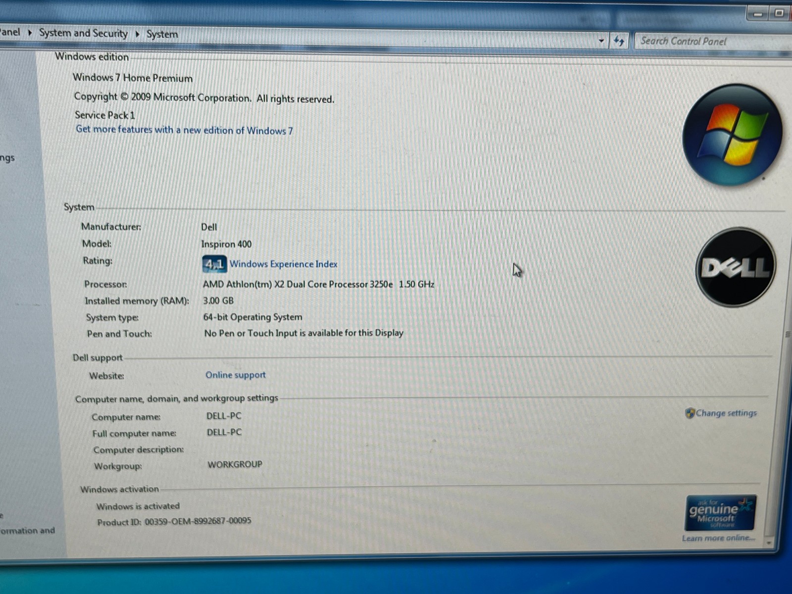 Dell Inspiron Zino HD 400 AMD Athlon x2 Dual Core 3.0GB RAM NO OS 400GB – TESTED