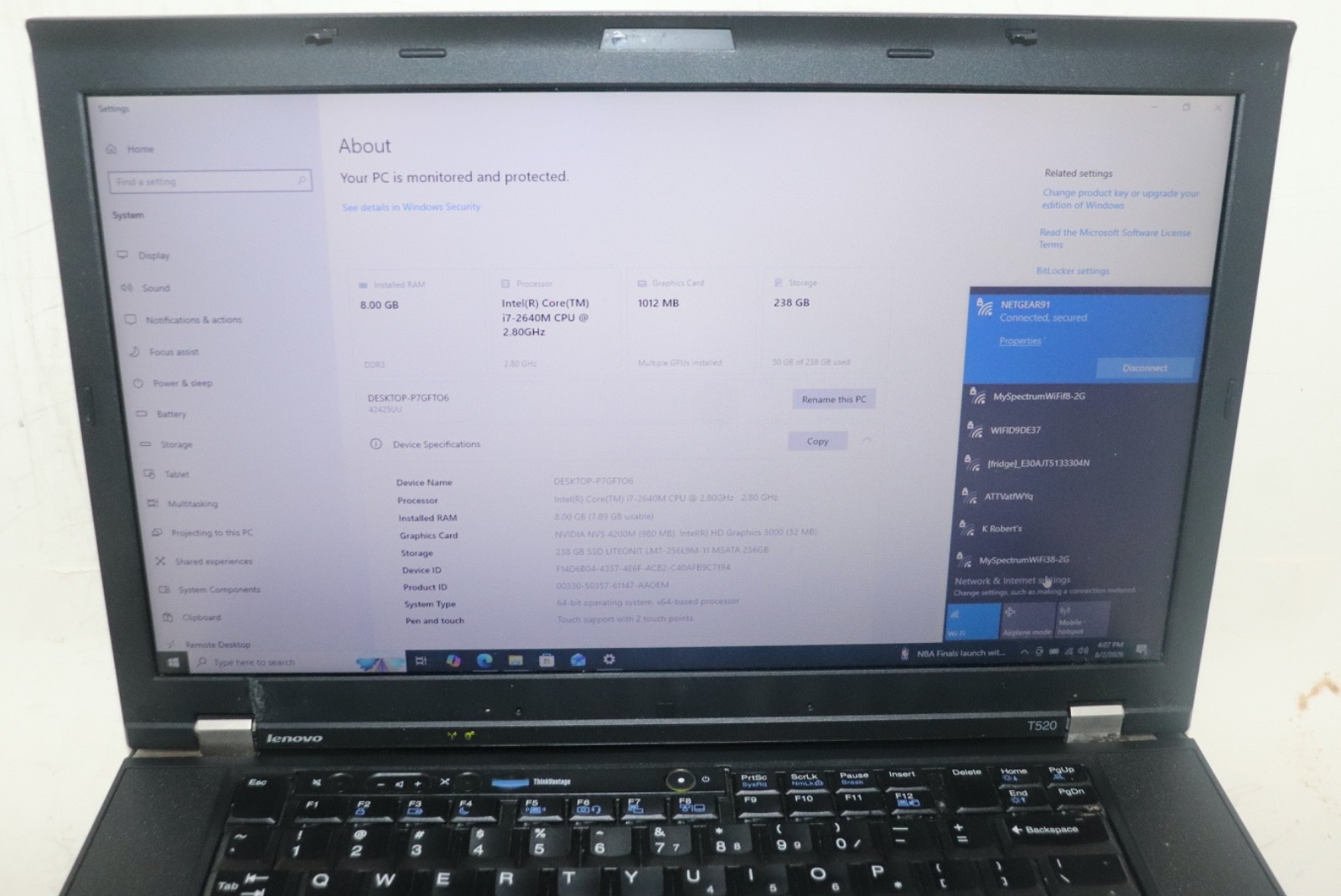 Lenovo ThinkPad T520|Core i7@2.80 GHz|8GB RAM|256GB SSD|WIN 10. PROF|Nvidia