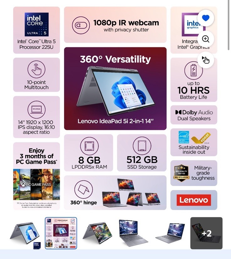 Lenovo IdeaPad 5 2-in-1 14″ Touch Core Ultra 5 8GB LPDDR5 512GB SSD Luna Grey
