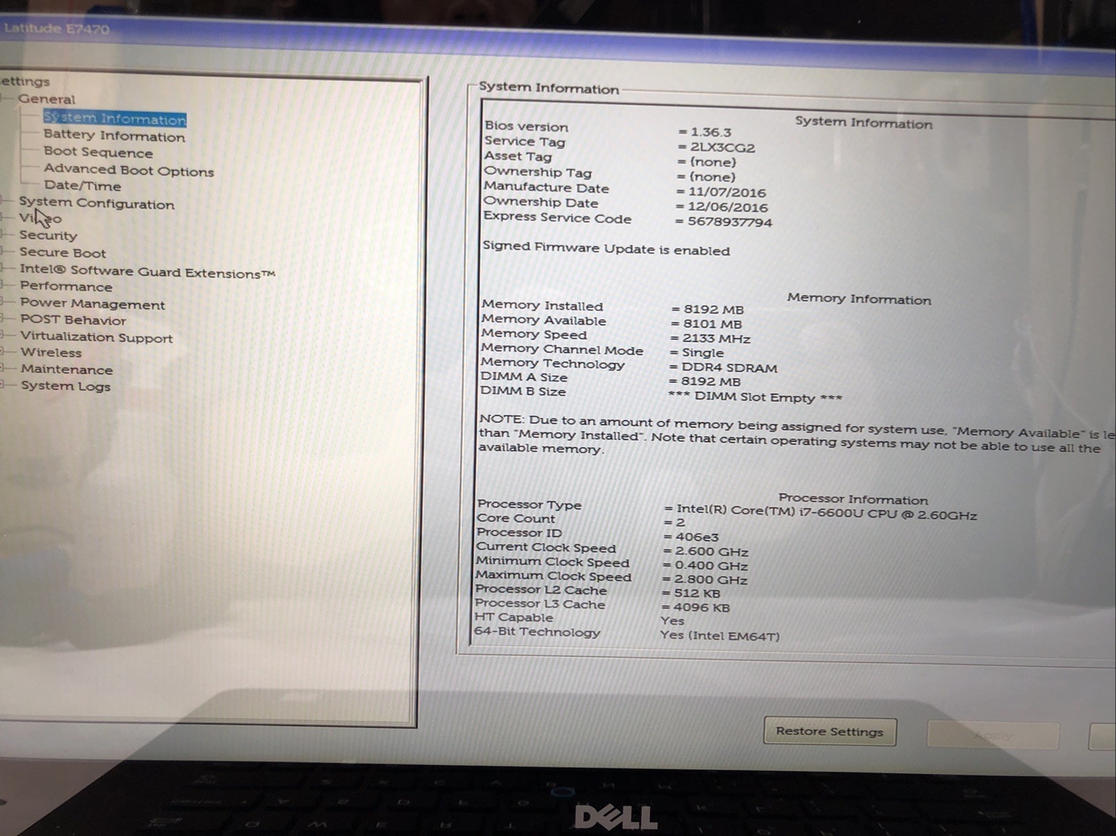 Dell Latitude E7470, Intel Core i7-6600U @2.60Ghz, 8GB RAM, NO SSD/OS, Tested!