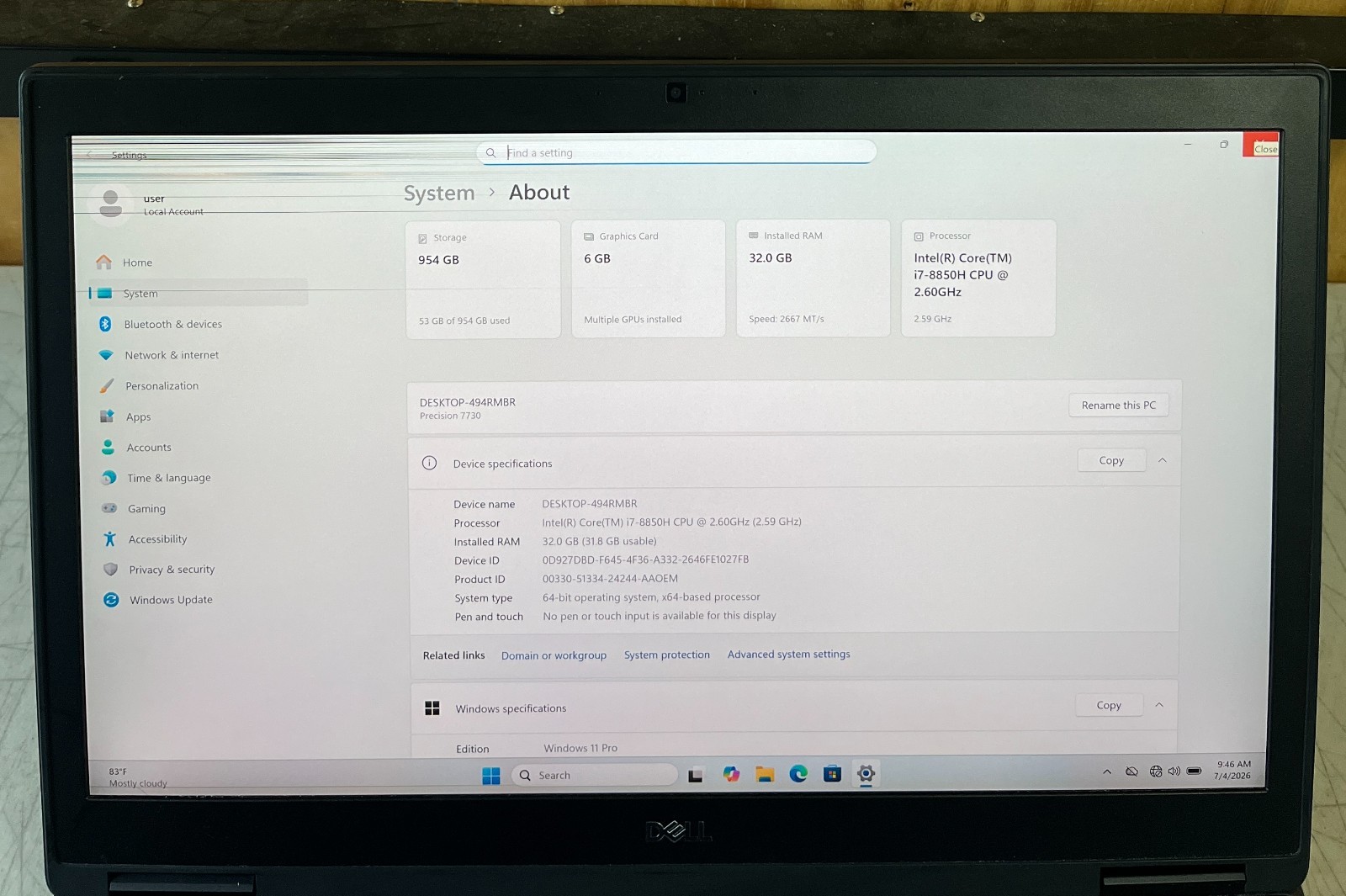 DELL PRECISION 7730 17.3″ i7-8850H 1TB SSD 32GB RAM 6GB video WIN 11 BAD LCD