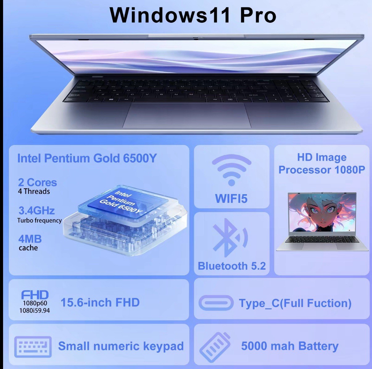 15.6-inch laptop computer Intel Pentium Gold 6500Y dual-core processor 16GB ram