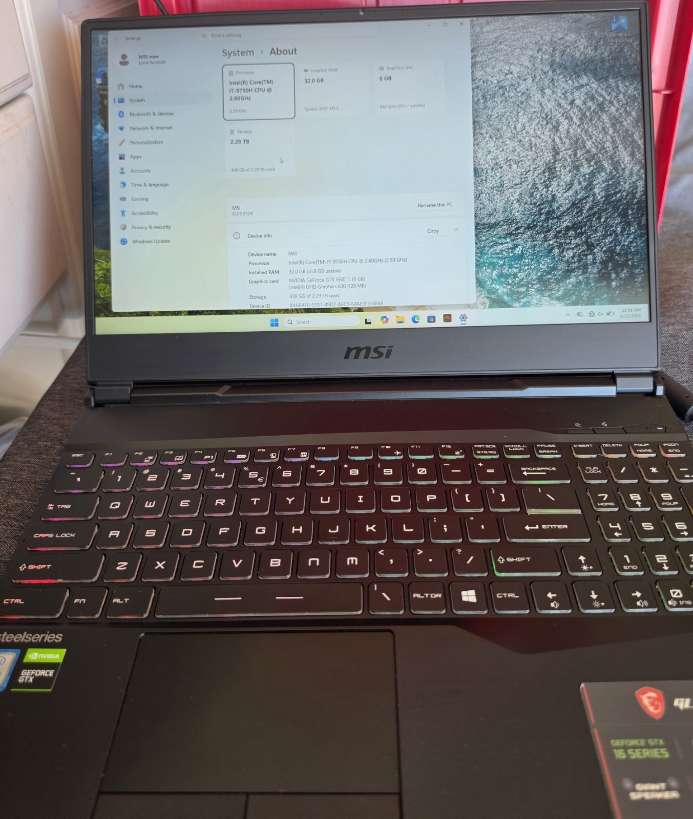 MSI GL65 9SDK 15.6″ 120Hz i7-9750H 32GB RAM 2.3TB SSD GTX 1660 Ti Win11