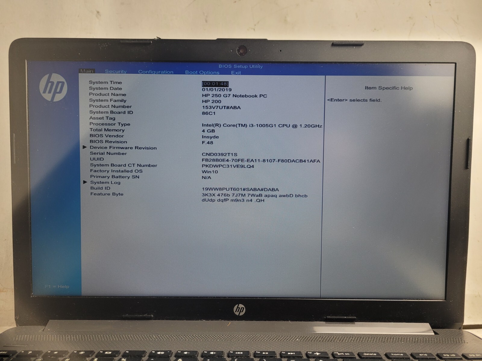 HP 250 G7 Notebook w/i3-1005G1@1.20Ghz, 4GB RAM, 15.6″ Laptop for Parts #1958