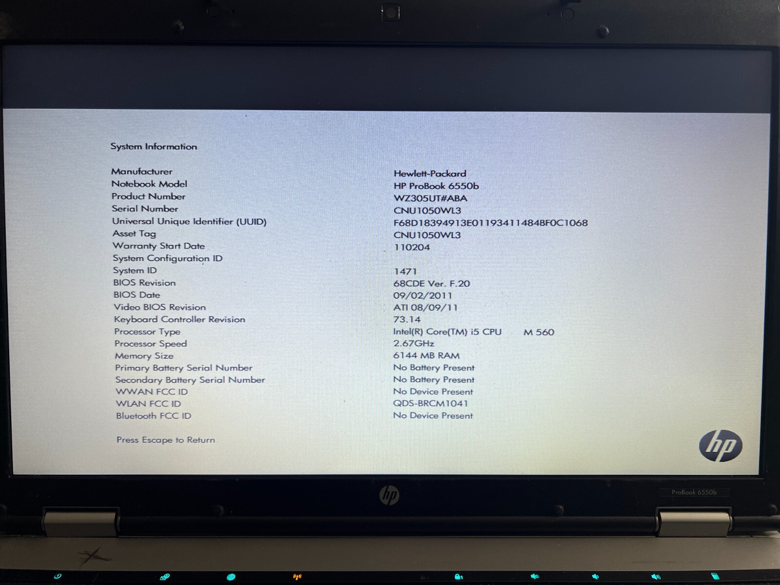 HP ProBook 6550b Intel Core i5 2.67GHz No RAM No HDD For Parts AS IS