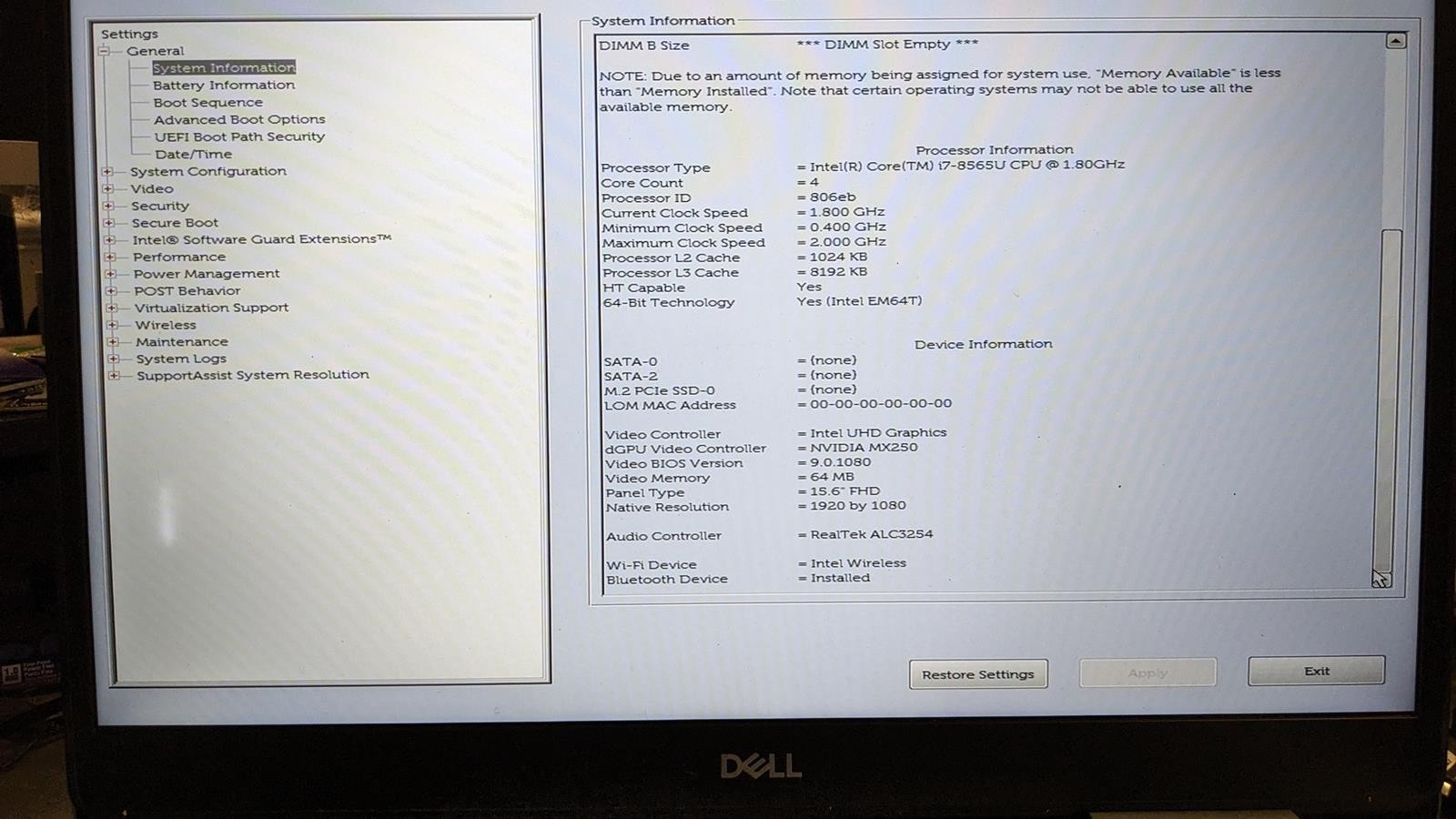 DELL INSPIRON 7580 i7-8565U @ 1.80GHz, 4GB RAM, NO HDD/OS – (FOR PARTS)