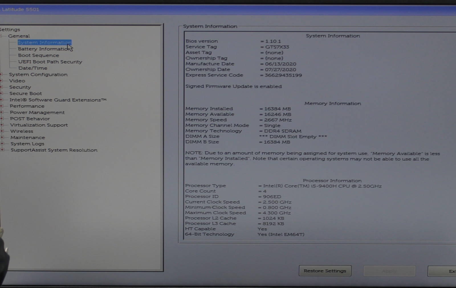Dell Latitude 5501 i5-9400H @ 2.5 GHz 16GB RAM 256GB SSD No OS