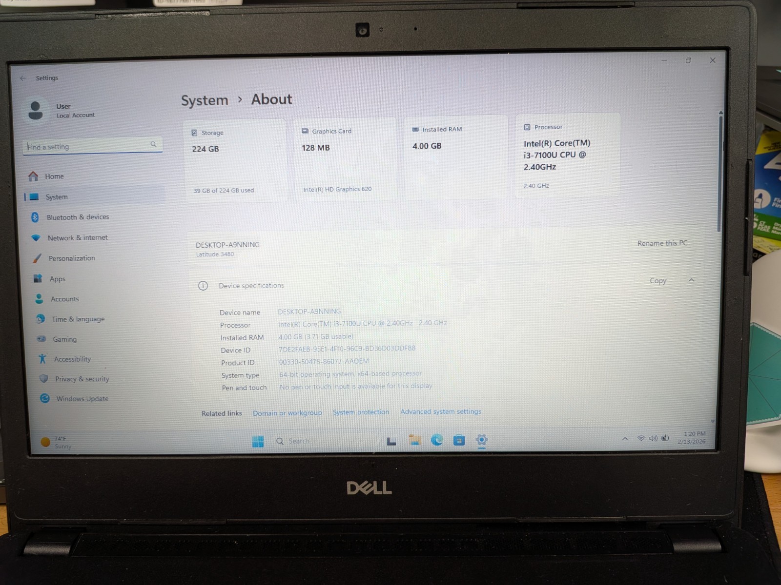 Dell Latitude 3480 i3 7100U 4GB 240GB SSD Win11 Powers On For Parts Repair**