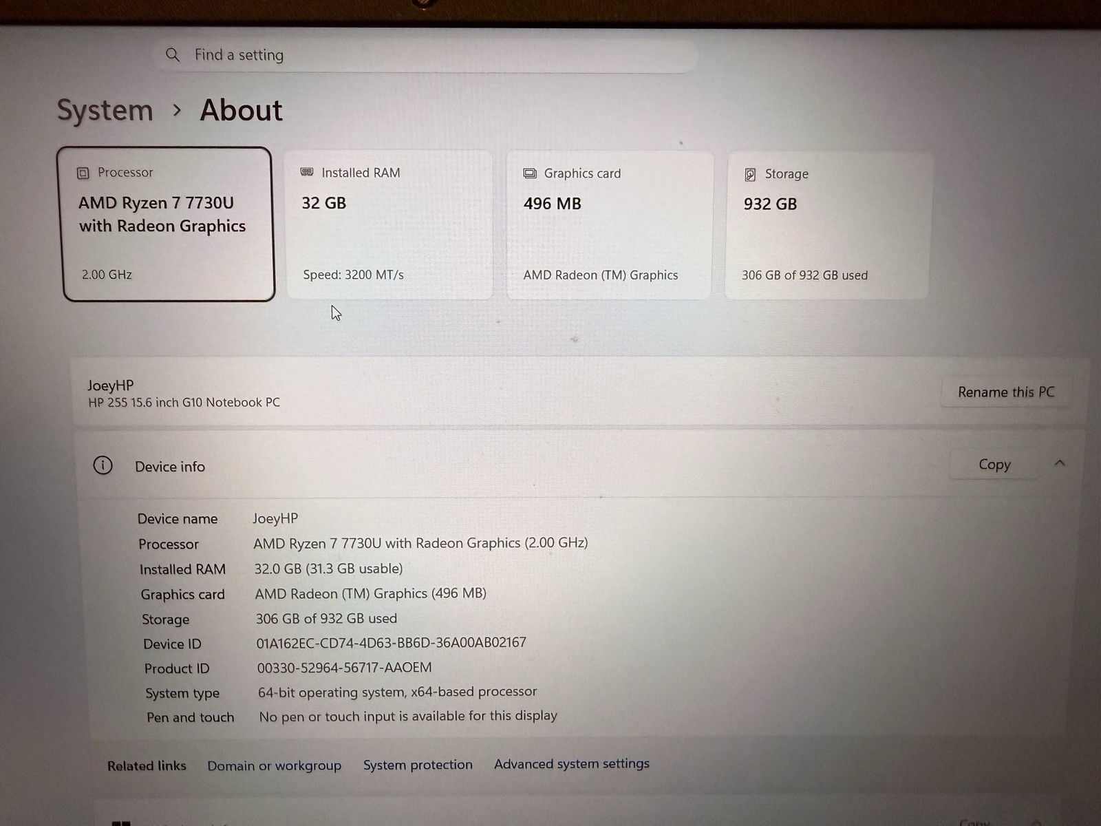 HP 255 G10 15.6in Gray Laptop Ryzen 7 7730U 32GB 1GB SSD Win11 Pro