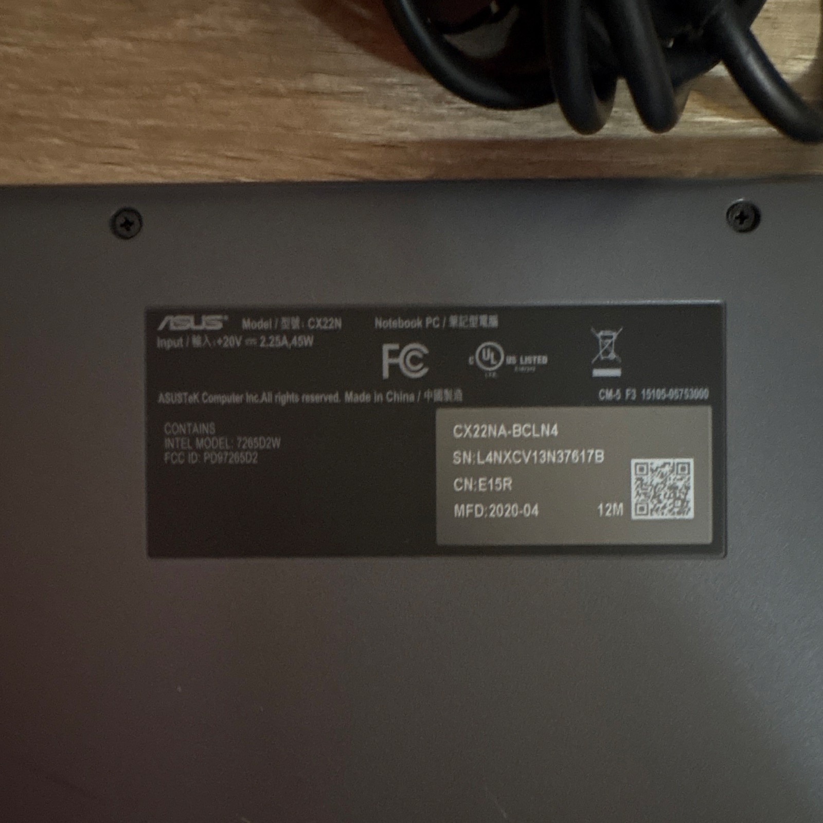 ASUS Chromebook CX22N 11.6in Celeron 4GB 32GB eMMC Chrome OS Gray Charger