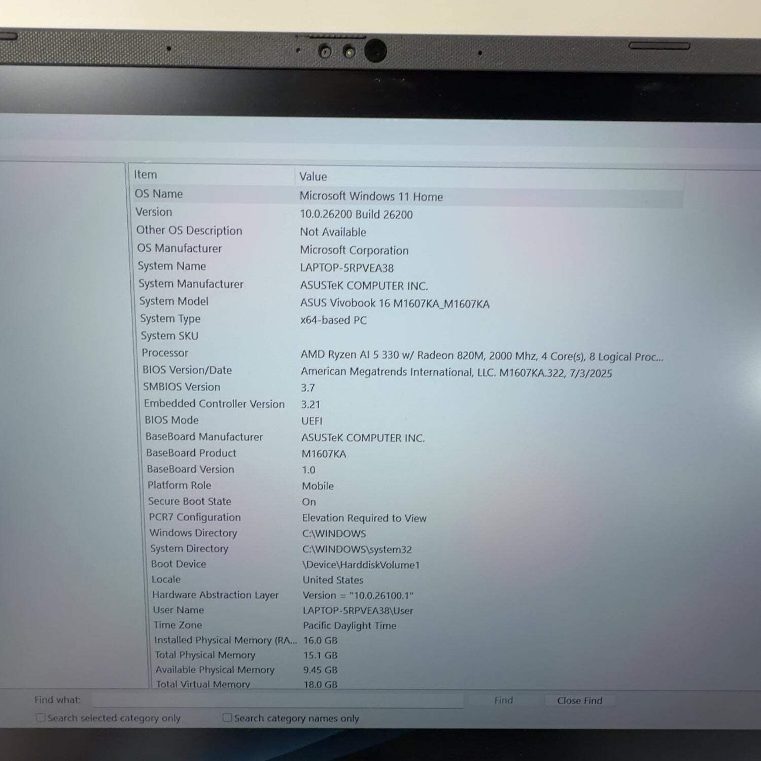 Asus Vivobook 16 M1607K 16″ Ryzen 5 AI 330 2.0GHz 16GB RAM 512GB SSD