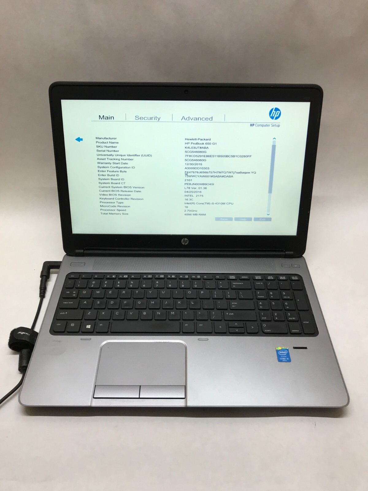 HP ProBook 650 G1 15″ Laptop Intel Core i5-4310M NO RAM NO HDD/OS NO Battery -DW