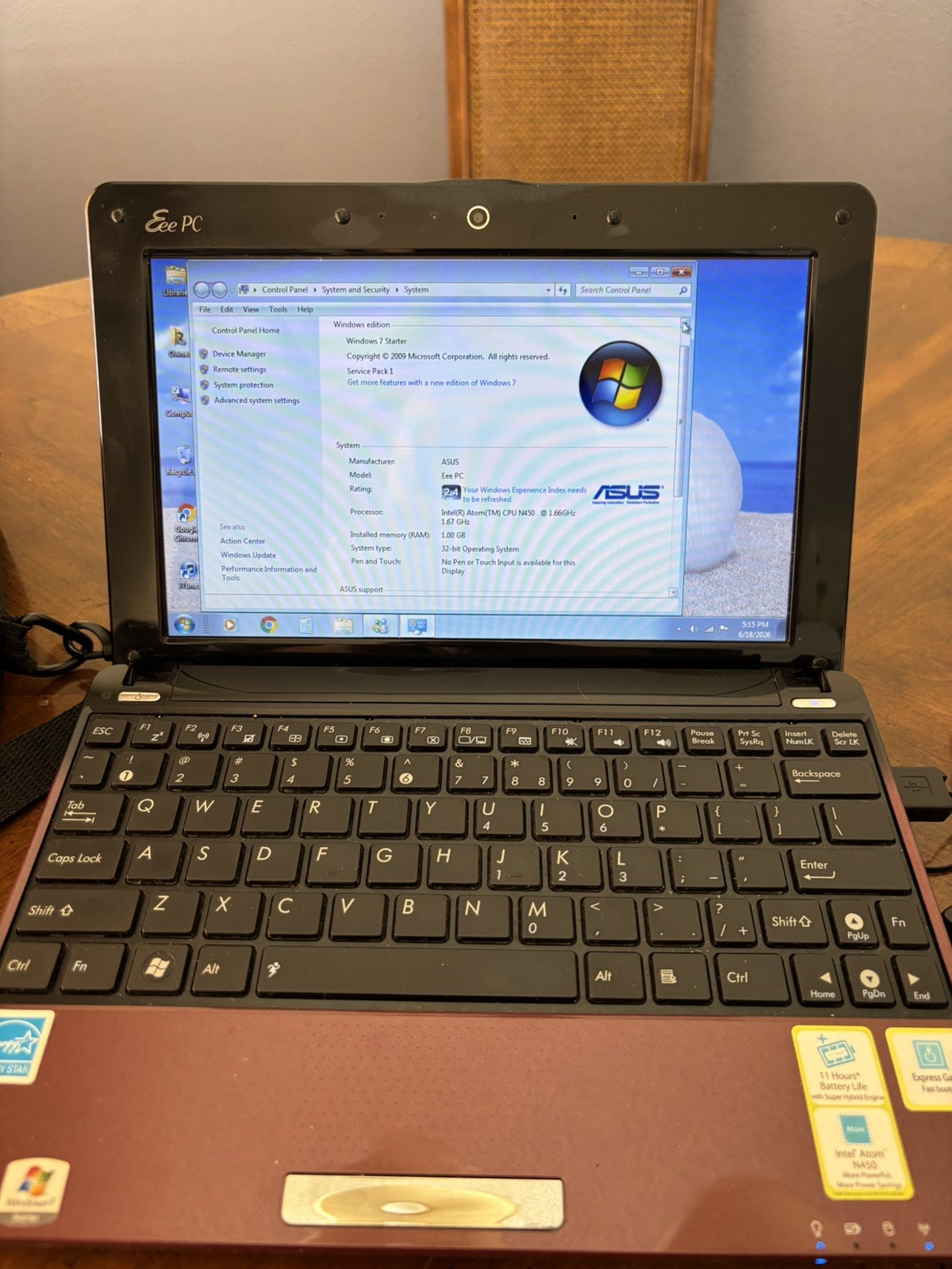 ASUS Eee 1005PEB Laptop – Intel Atom N450 – 1GB RAM – 250GB HDD – Windows 7