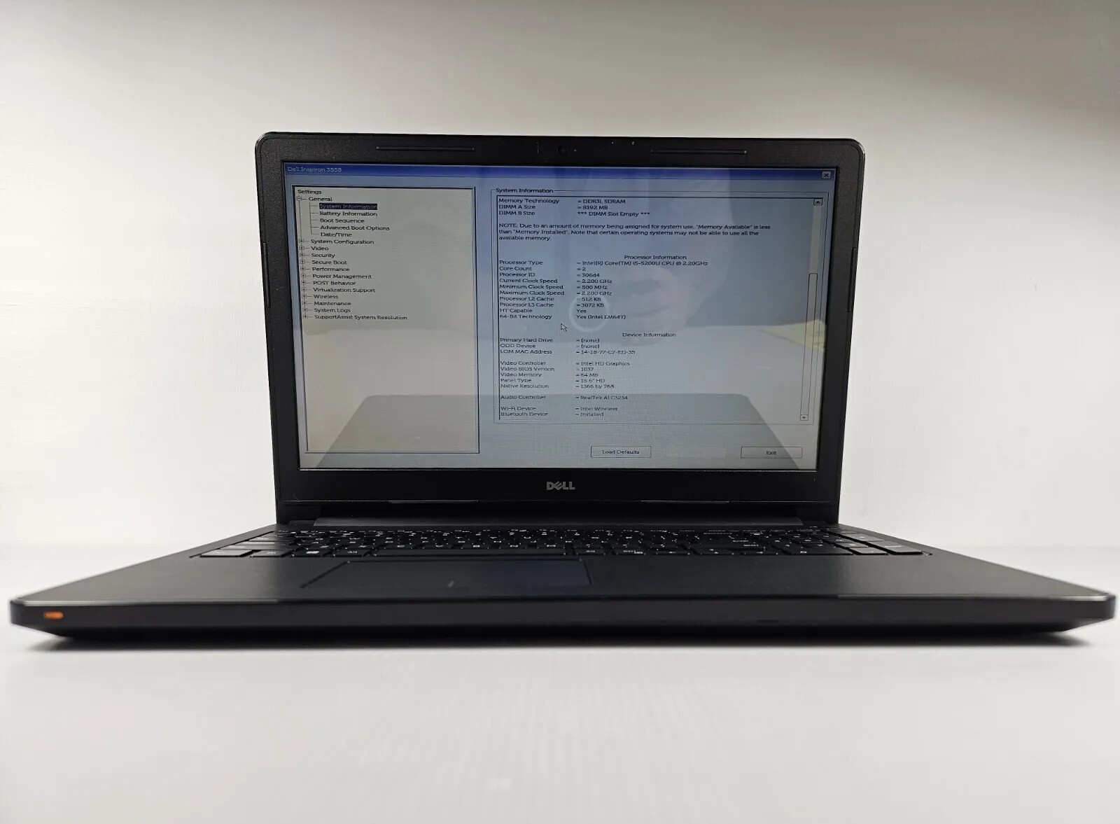 Dell Laptop 3558 Intel i5 2.2ghz 8GB RAM NO HDD
