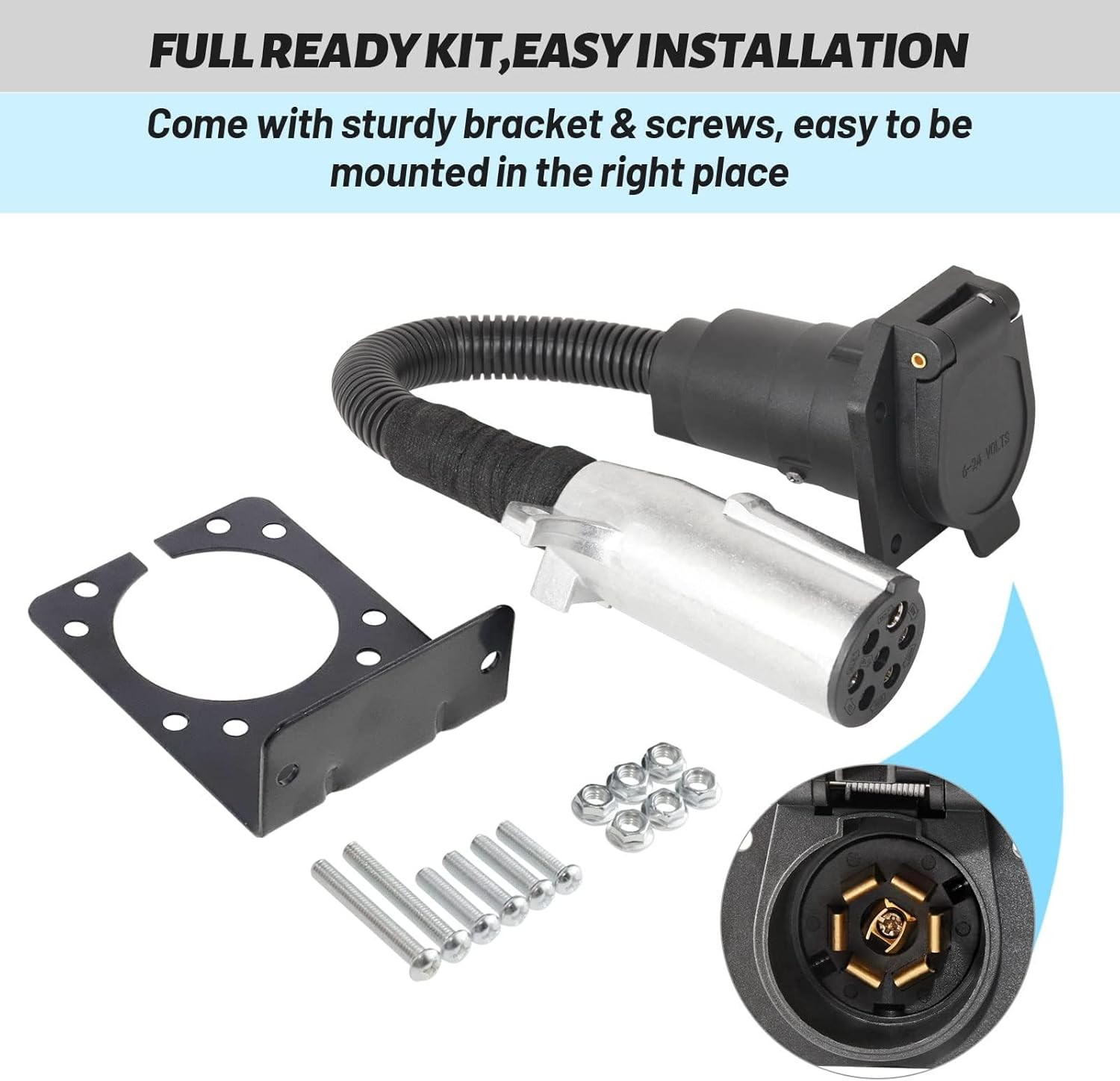 7 Pin round to 7 Pin Flat Adapter for Tractor Towing, 7 Pole round to 7 Way RV B