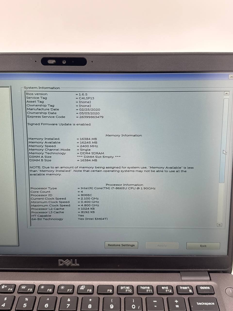 Dell Latitude 5400 i7-8665U@1.9GHz 16GB RAM 256GB SSD Win 11 Pro Grade B