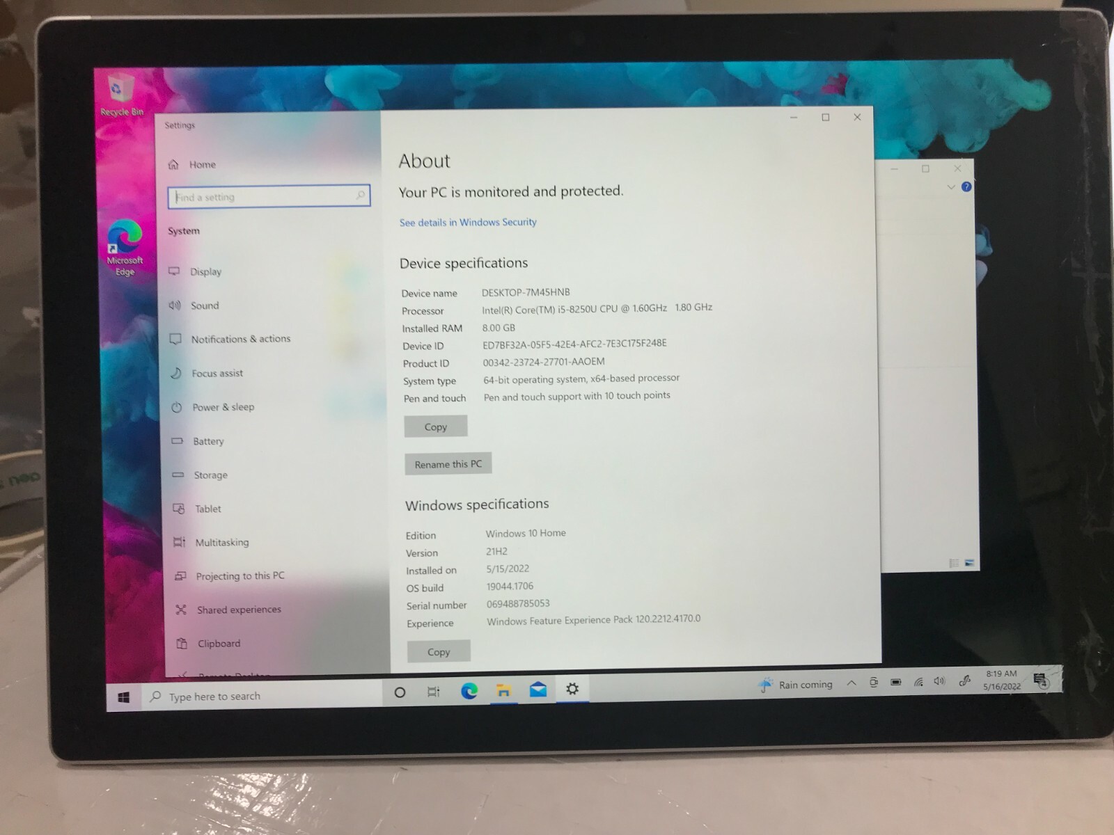 Surface Pro 6 Tablet i5-8250U 8GB 128GB SSD 12.3in Platinum Crack Screen #607