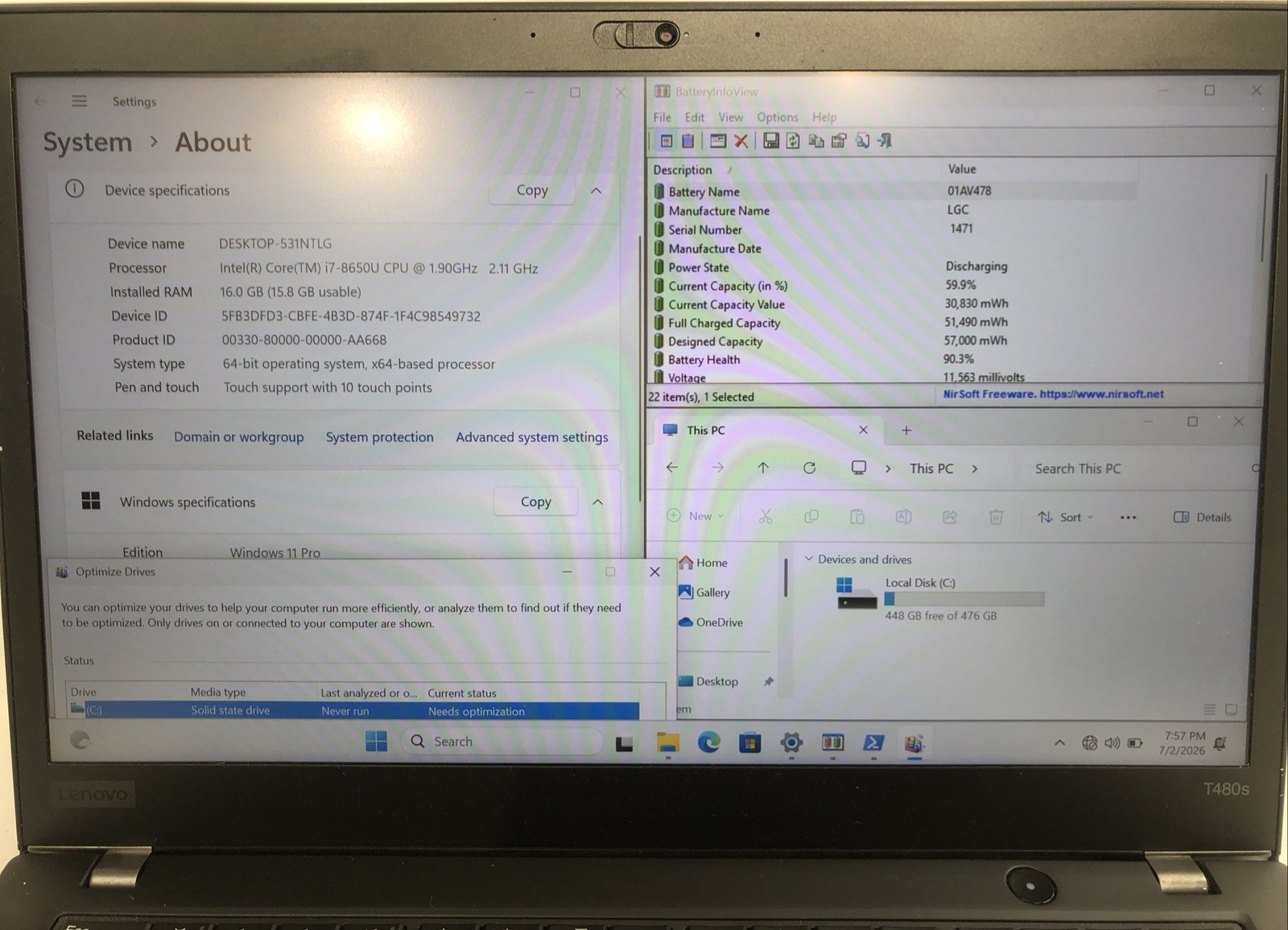 Lenovo Thinkpad T480s, Intel Core i7-8650U @1.90 GHz, 16 GB RAM 500 GB SSD, W11