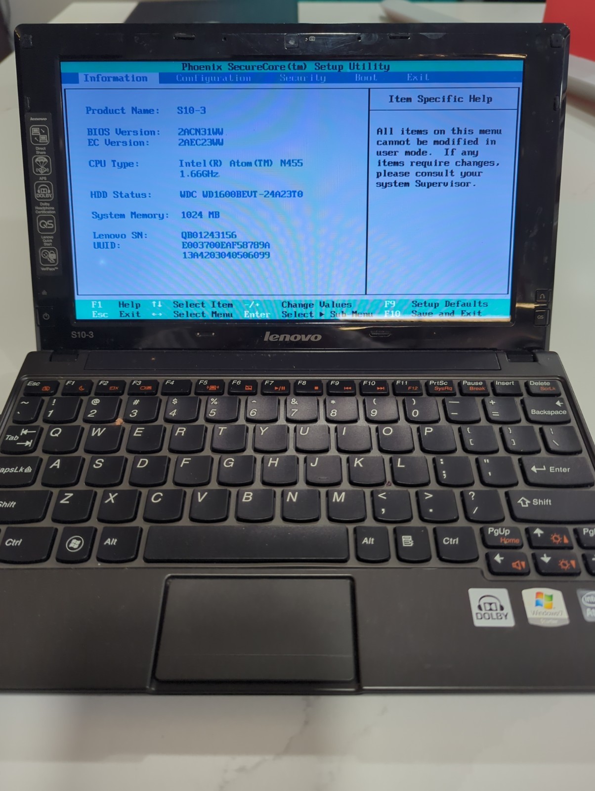 Lenovo IdeaPad S10-3 320GB HDD 10.1″ Intel Atom N455 1.66 GHz 1 GB Laptop No Hdd