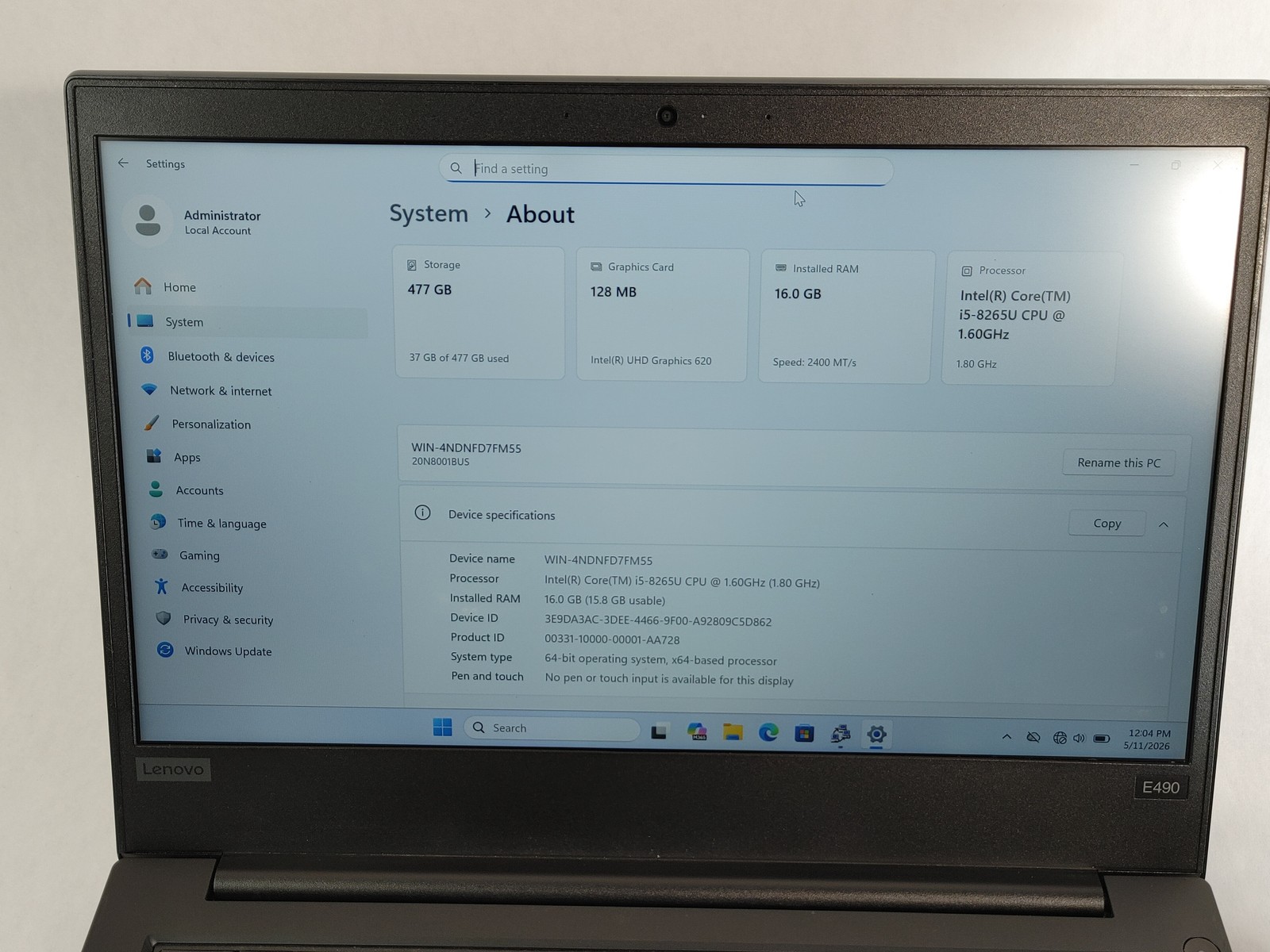 Lenovo ThinkPad E490 Core i5-8265U 1.60 GHz 16 GB DDR4 512 GB NVMe Windows 11