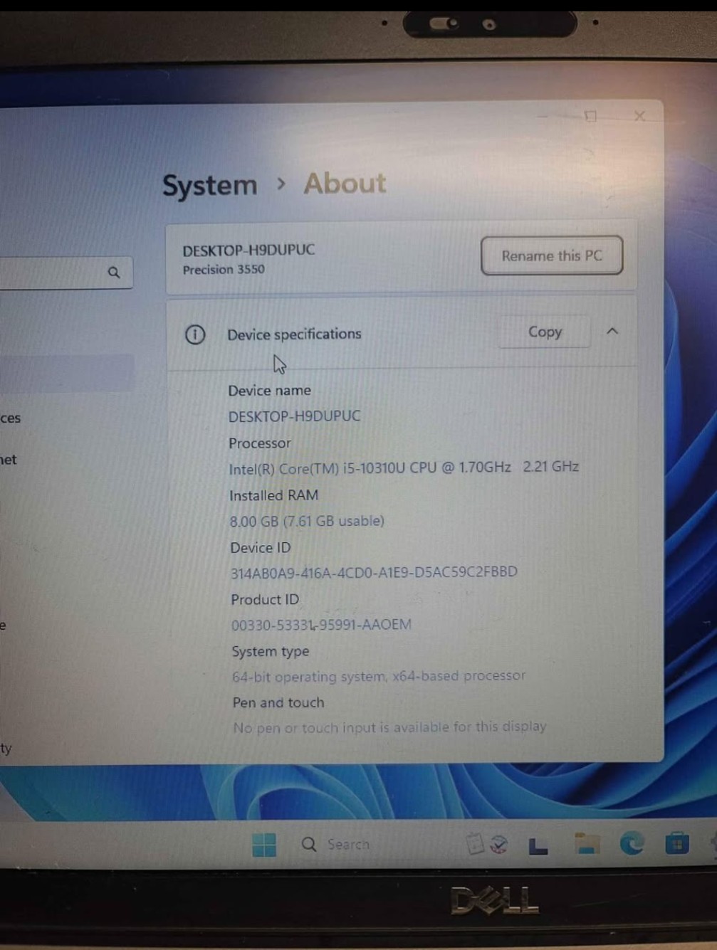 Dell Precision 3550 Laptop – 1.7 GHz i5-10310U 8GB 256GB SSD Webcam 15.6″