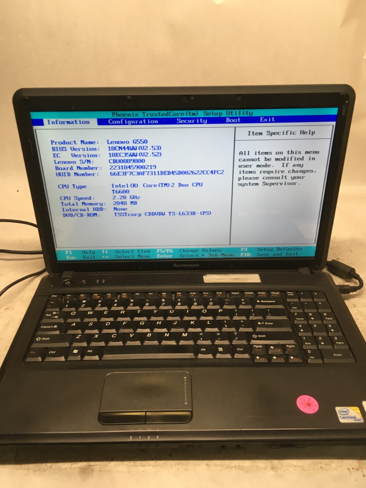LENOVO 6550 15″ [FOR PARTS] Intel Core 2 Duo T6600 @ 2.2 GHz – JZ