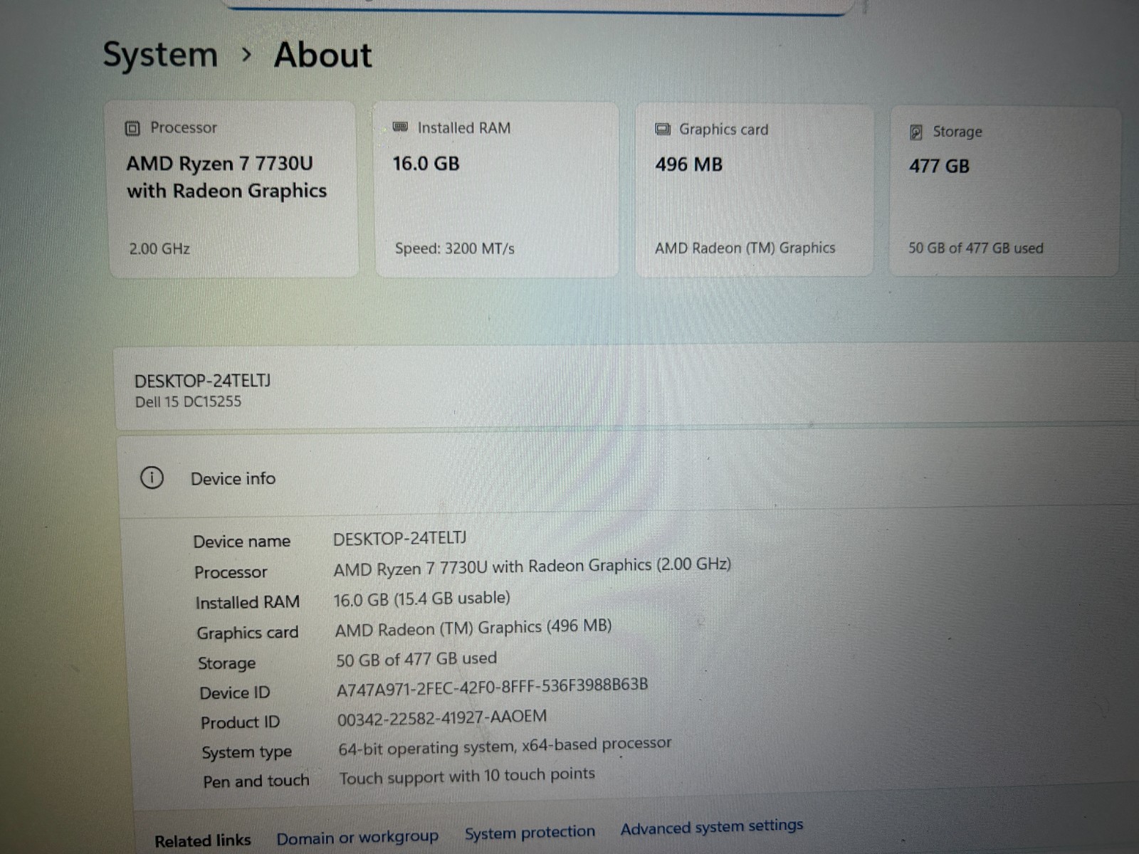 DELL 15 DC15255 G8MK9, AMD Ryzen 7 7730U, 2.00 GHz, 16 GB RAM 512 GB NVMe SSD