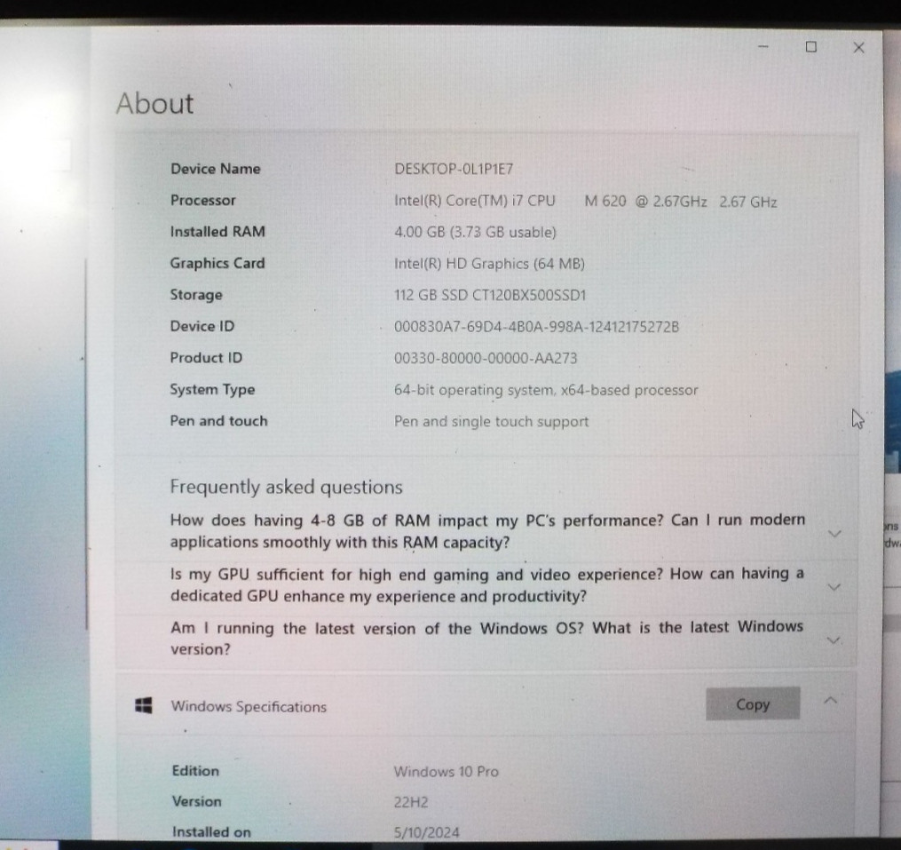 Toshiba Portege M780-S7240 Laptop i7 120GB SSD 4GB RAM WIN 10pro Stylus/Touch