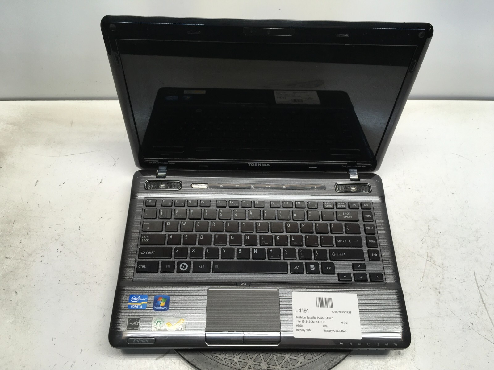 Toshiba Satellite P745-S4320 Intel i5-2430M 2.4GHz 6 GB NO HDD No Batt