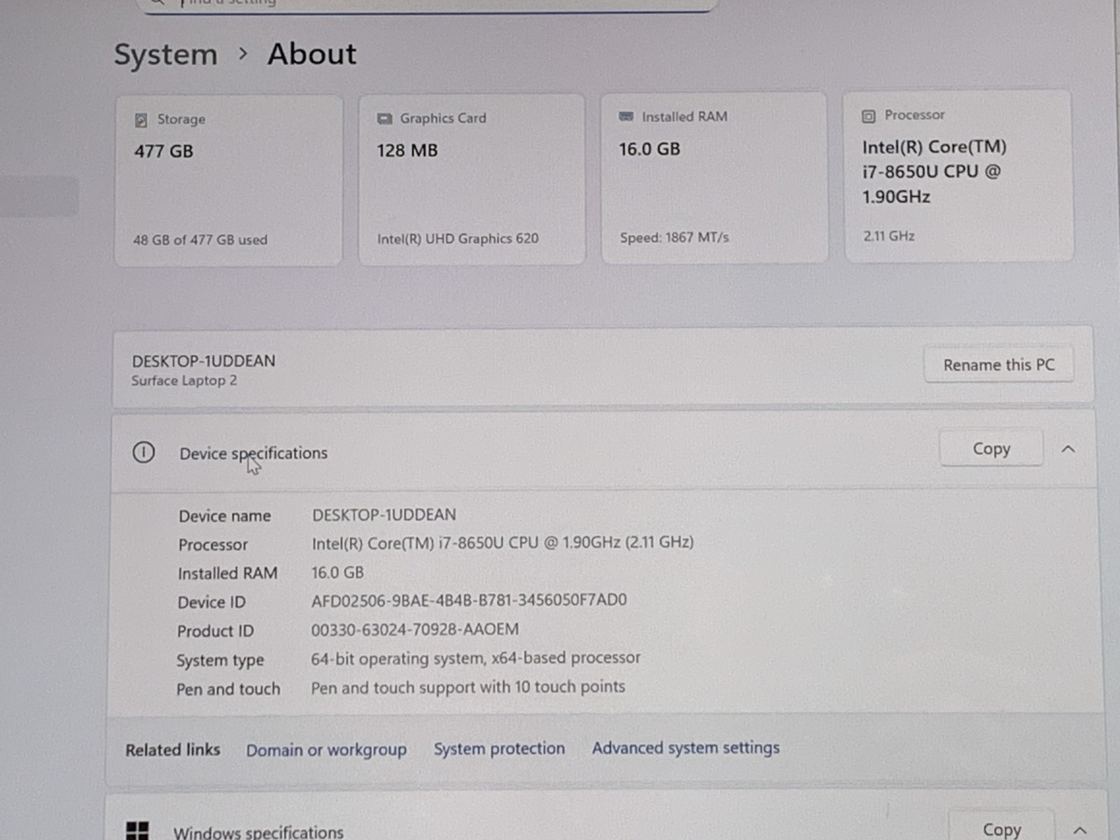 MICROSOFT SURFACE 2 1769 I7- 8650U@ 1.90GHZ 16GB RAM 512GB NVMe W11P W/AC *QTY