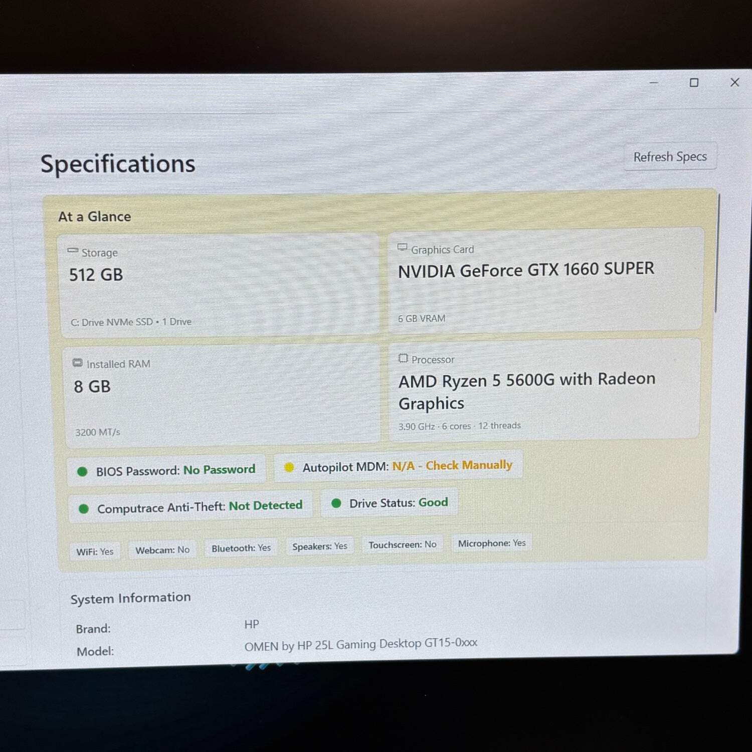HP Omen 25L PC Ryzen 5 5600G 3.90GHz 8GB RAM 512GB SSD GeForce GTX 1660 Super