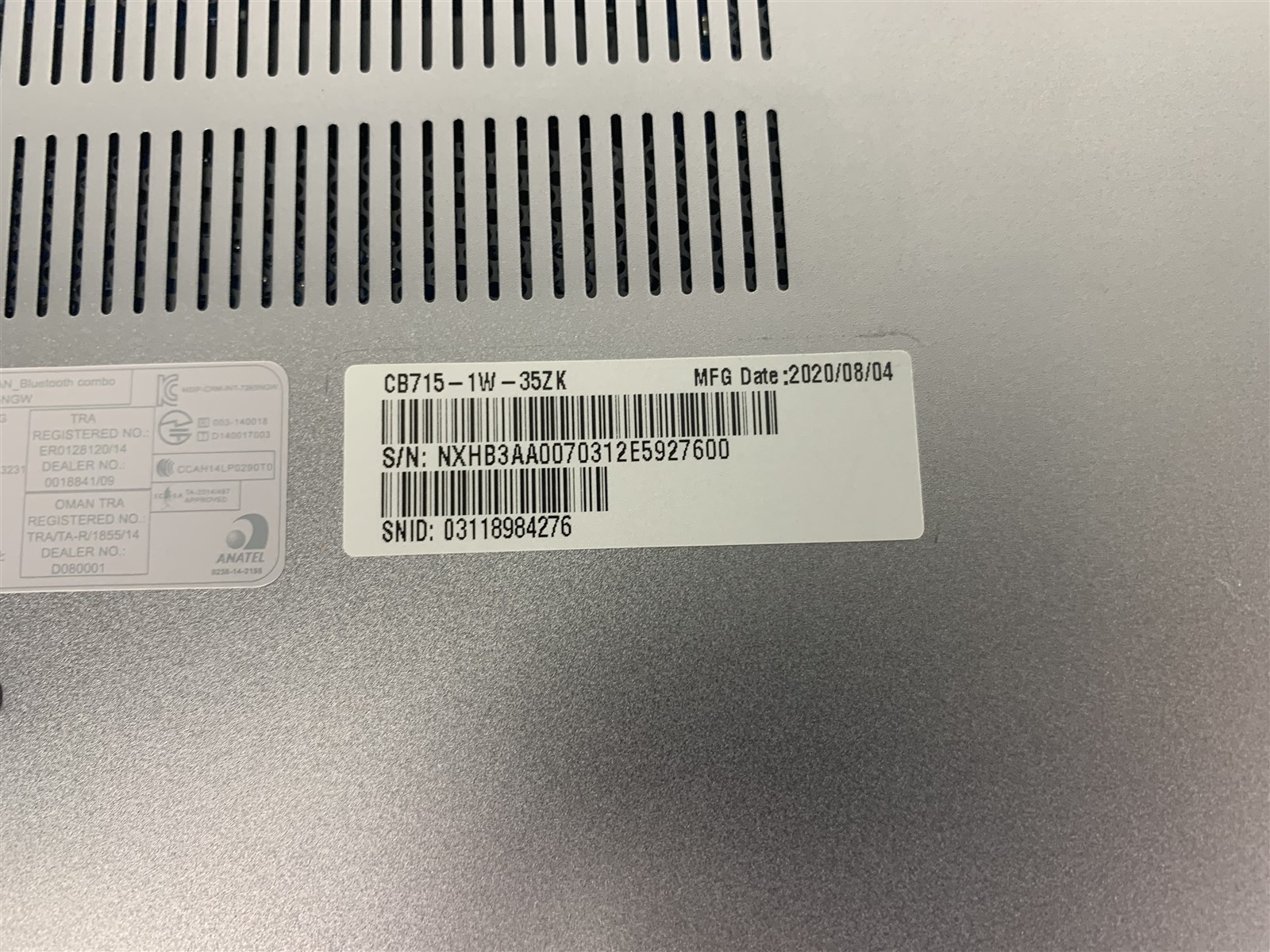 Acer Chromebook 715 Intel Core i3-8130U 4GB 2.20GHz 128GB eMMC Chrome OS 15.6″