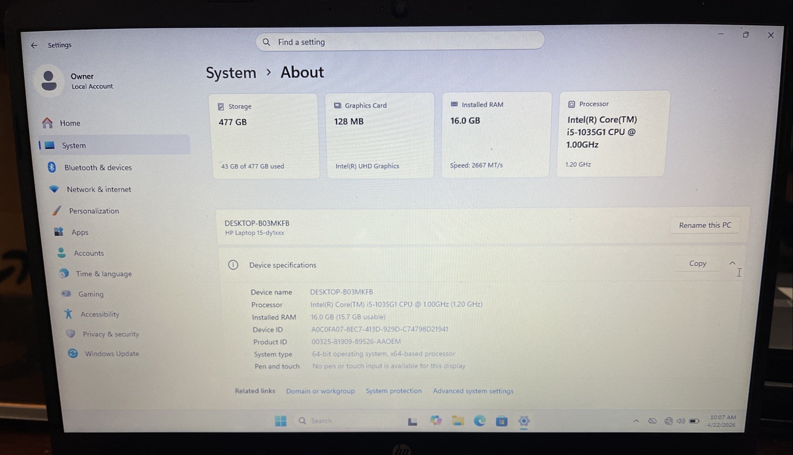 HP 15-DY1045NR 15″ i5-1035G1@1.00GHz, 16GB RAM, 512GB M2, Win 11 Home *READ*