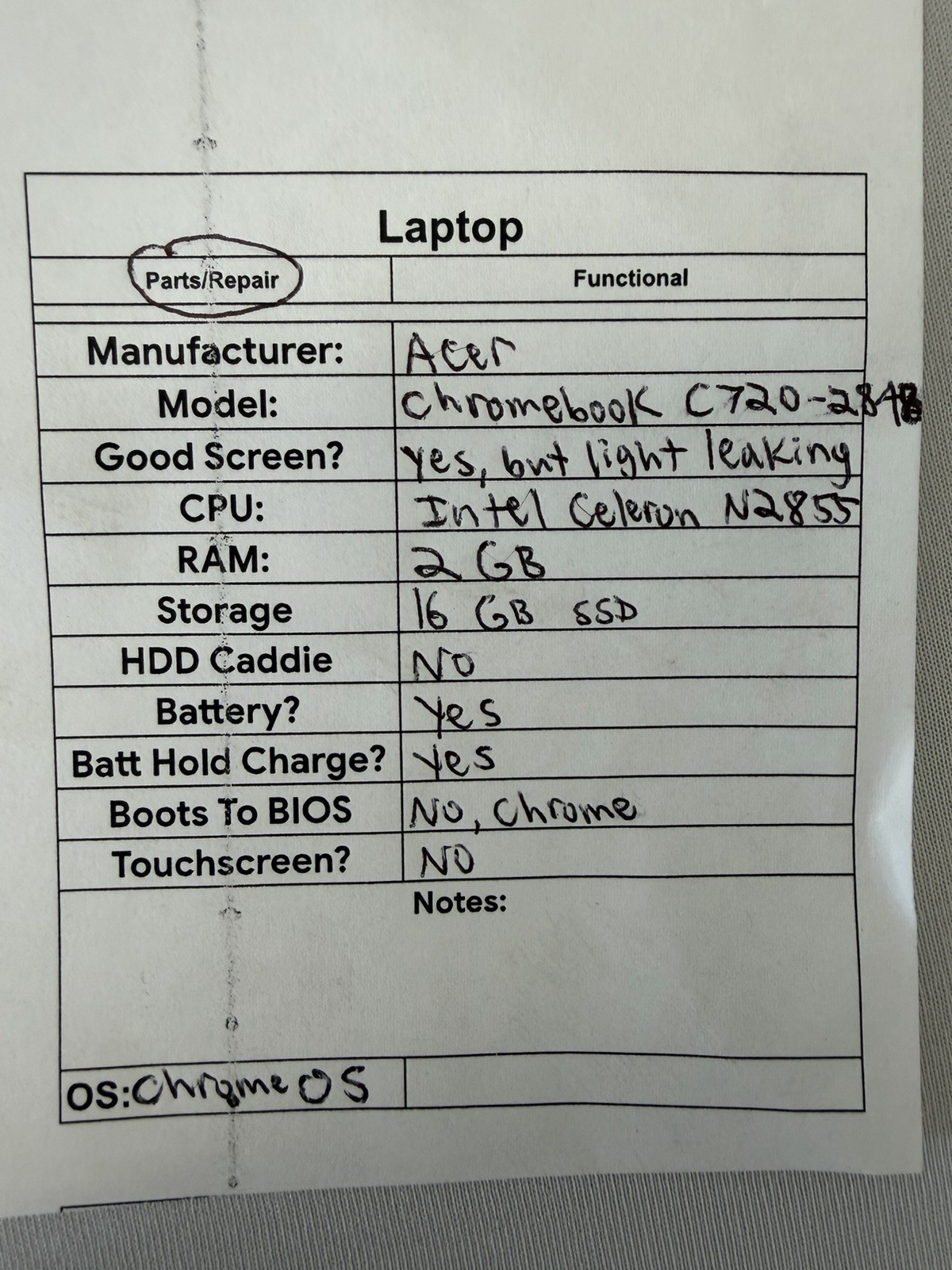 Acer Chromebook C720-2848 Laptop – Screen Leaking Light – Read Des