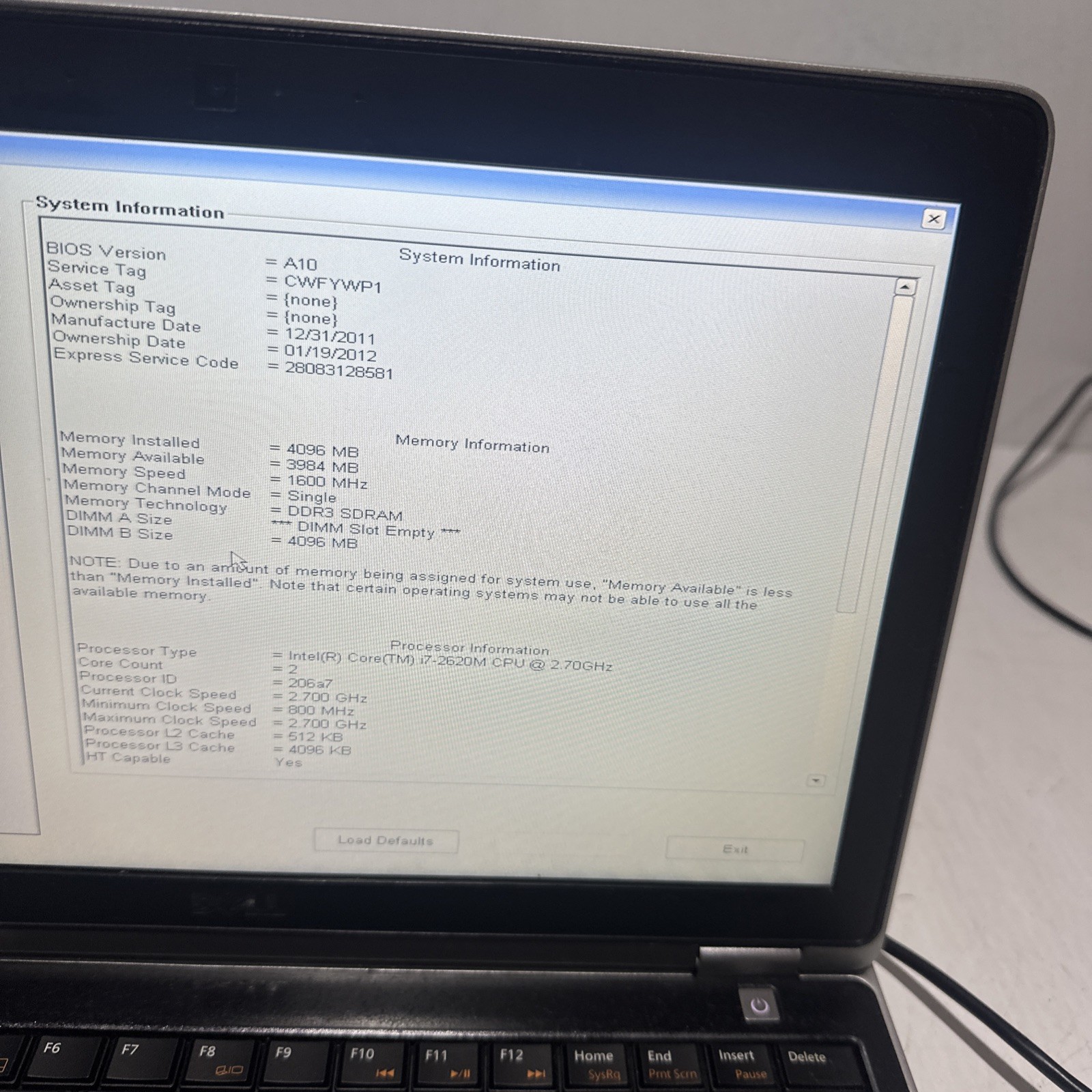 Dell Latitude E6220 12″ Laptop i7-2620m 4gb Ram No Drives Boots Bios No P/S