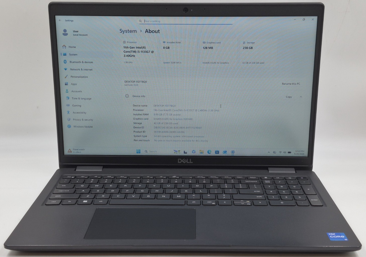 Dell Latitude 3520 i5-1135G7 2.40GHz 8GB RAM 256GB NVMe W11P Laptop