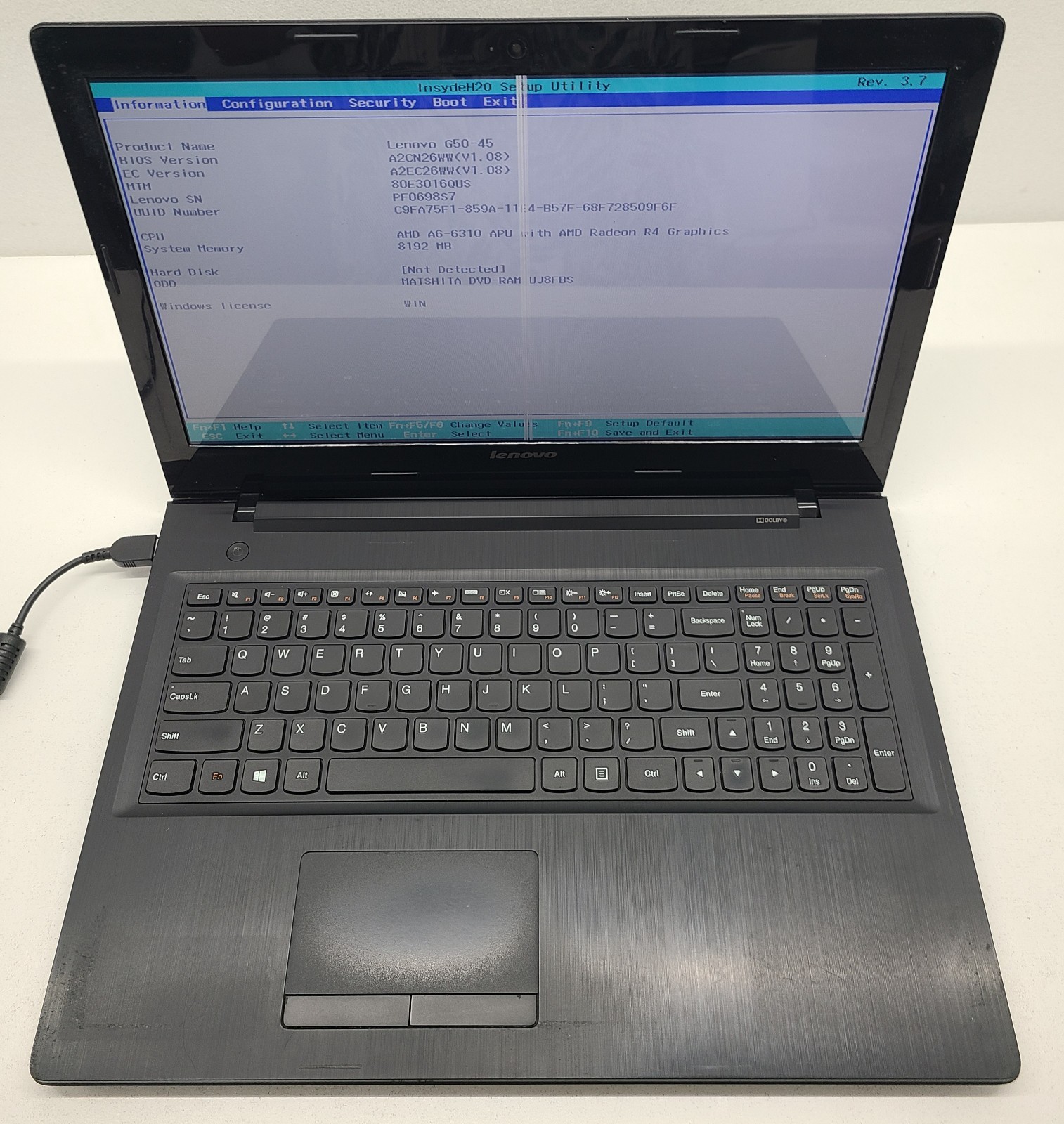Lenovo G50-45 15.6″ Laptop AMD A6-6310 8GB RAM NO HD/OS/BATT Bad Screen (FL)