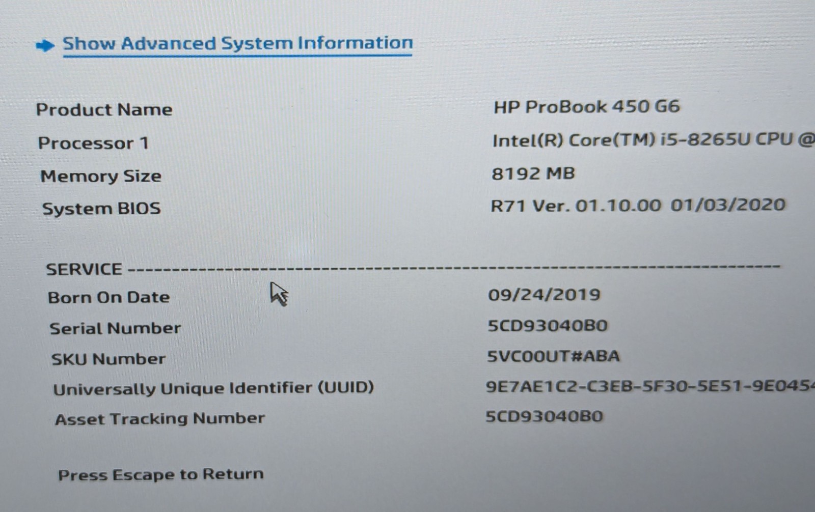Incomplete HP ProBook 450 G6 15.6″ Laptop Intel Core i5-8265U 1.60GHz 8GB RAM