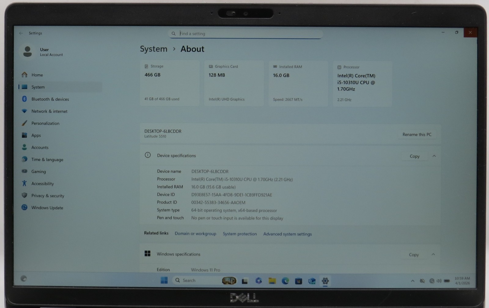 Dell Latitude 5510 i5-10310U @ 2.20GHz 16GB DDR4 500GB M.2 Win11 Pro