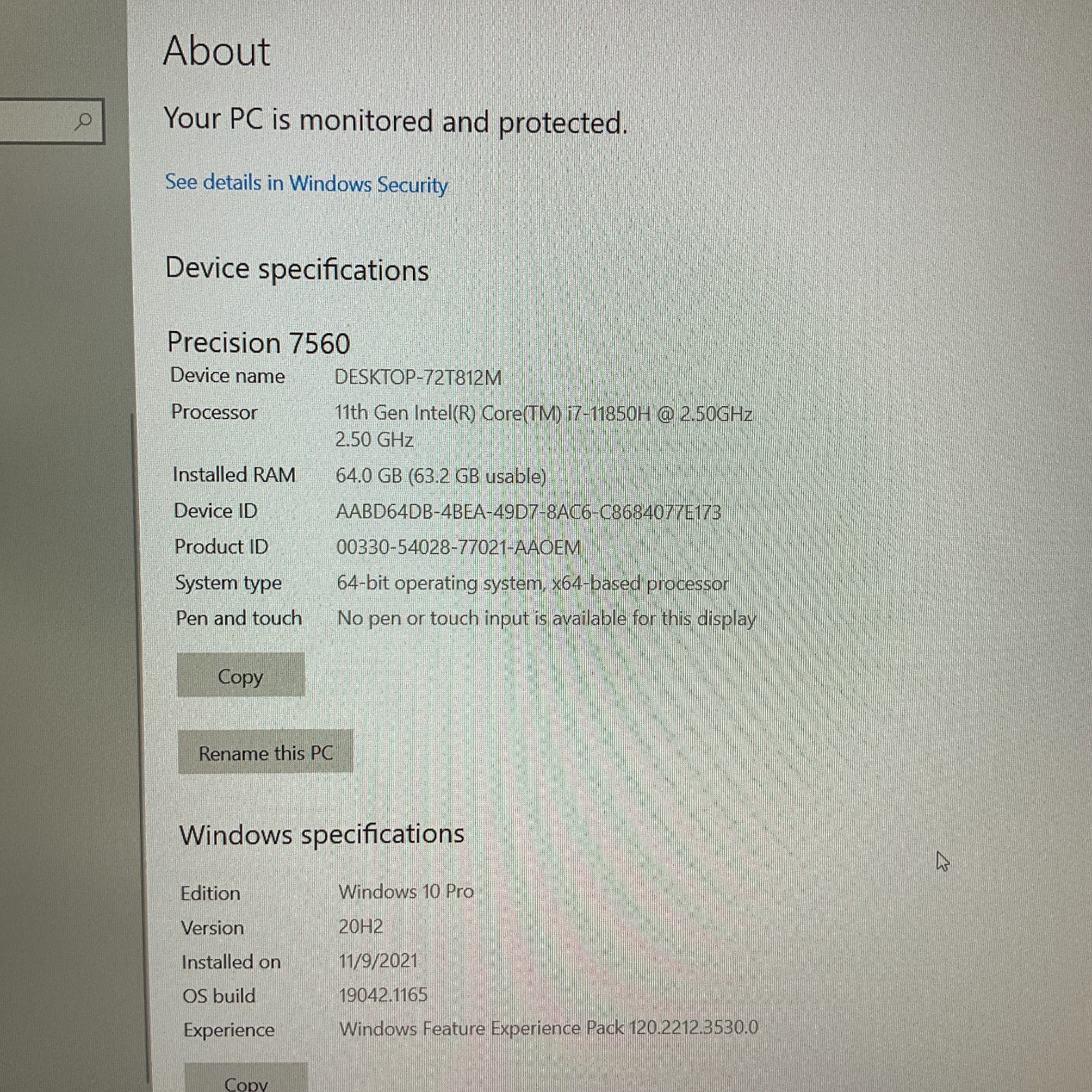 Dell Precision 7560 Laptop 11th Gen Intel Core i7-11850H @ 2.50GHz 64GB 1 TB