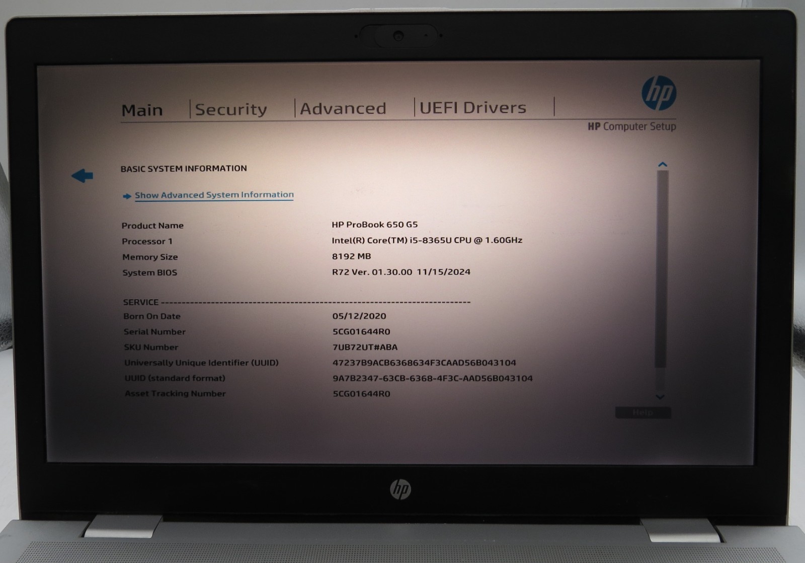 HP ProBook 650 G5 _ i5-8365U @ 1.6 _ 8GB RAM _ 480GB SSD _ No OS *READ