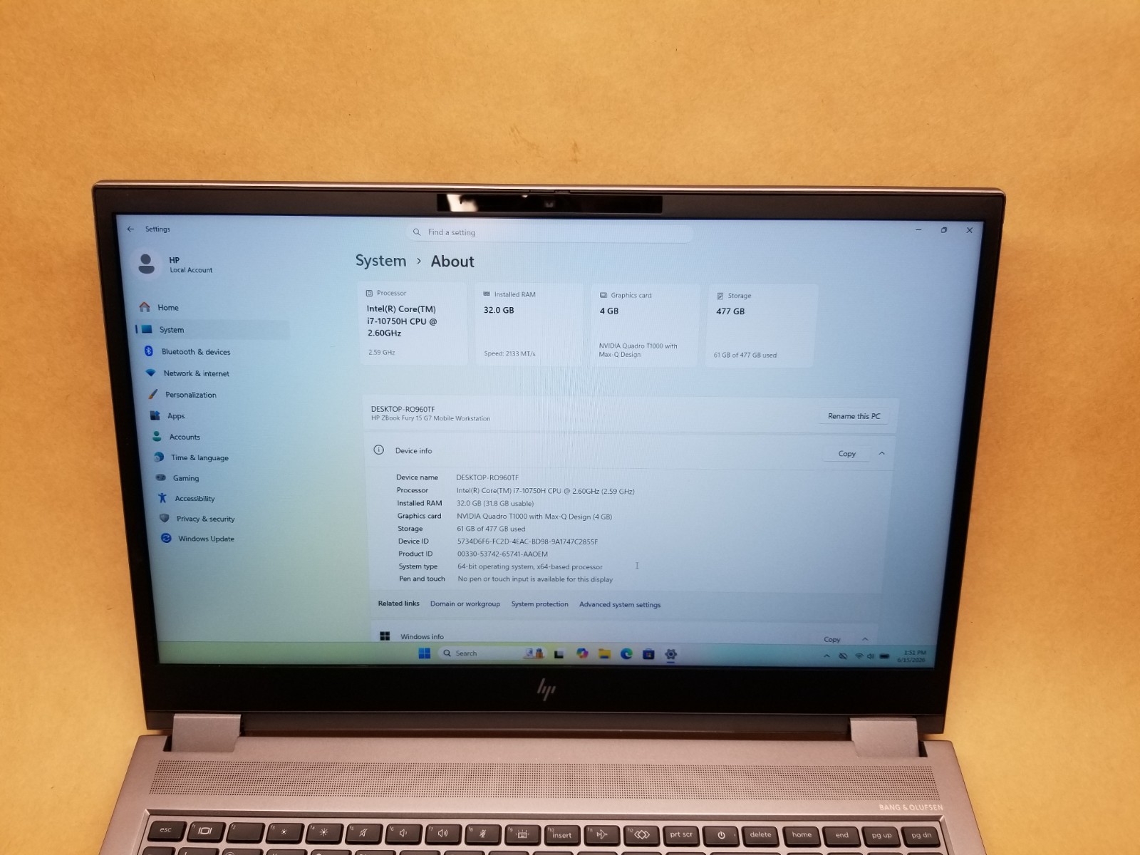 HP Zbook Fury 15 G7 Laptop i7-10750H 512GB SSD 32GB RAM Quadro T1000 Max-Q WIN11