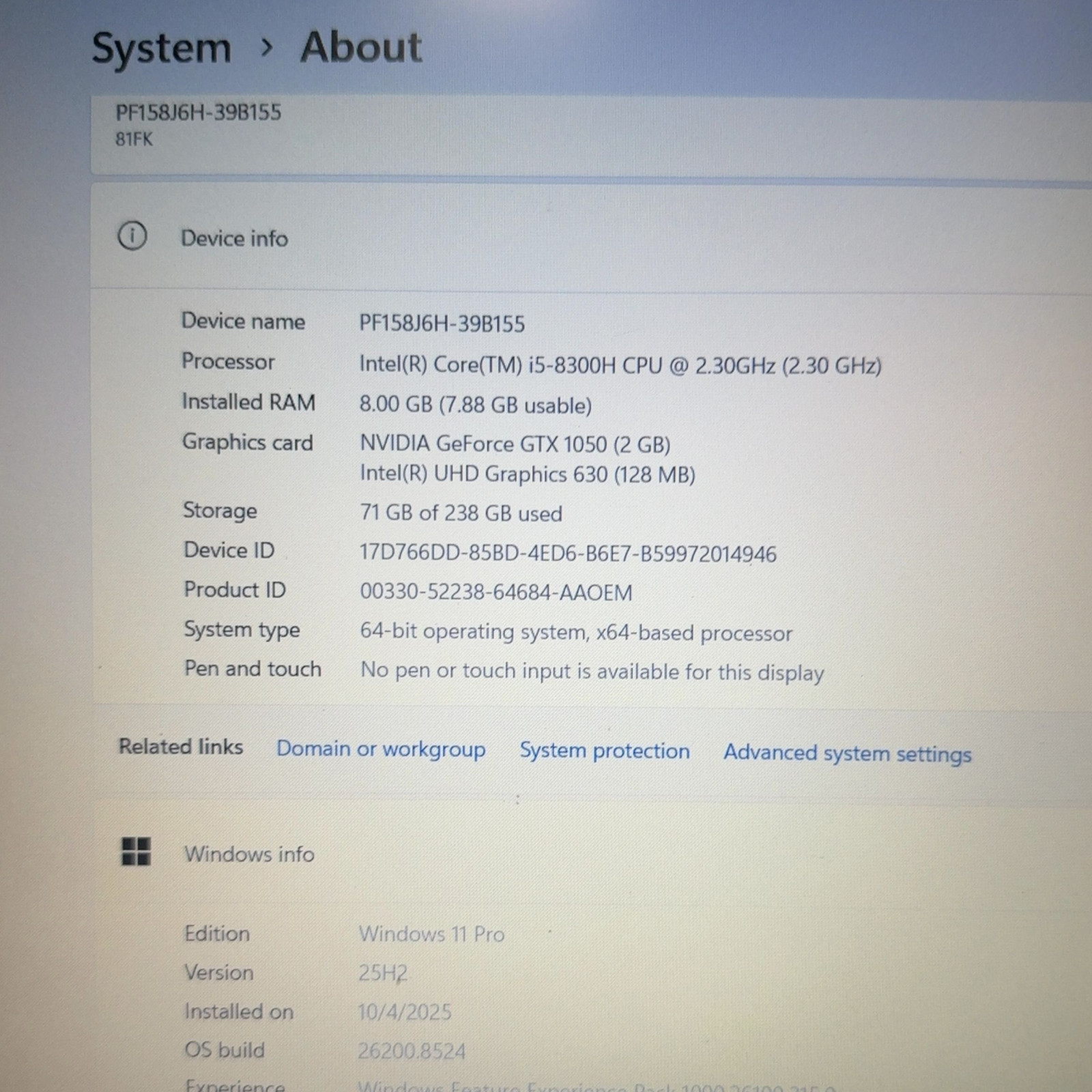 Lenovo Ideapad 330 81FK i5-8300H 8GB RAM GTX 1050 2GB 256GB NVMe Win 11 Pro