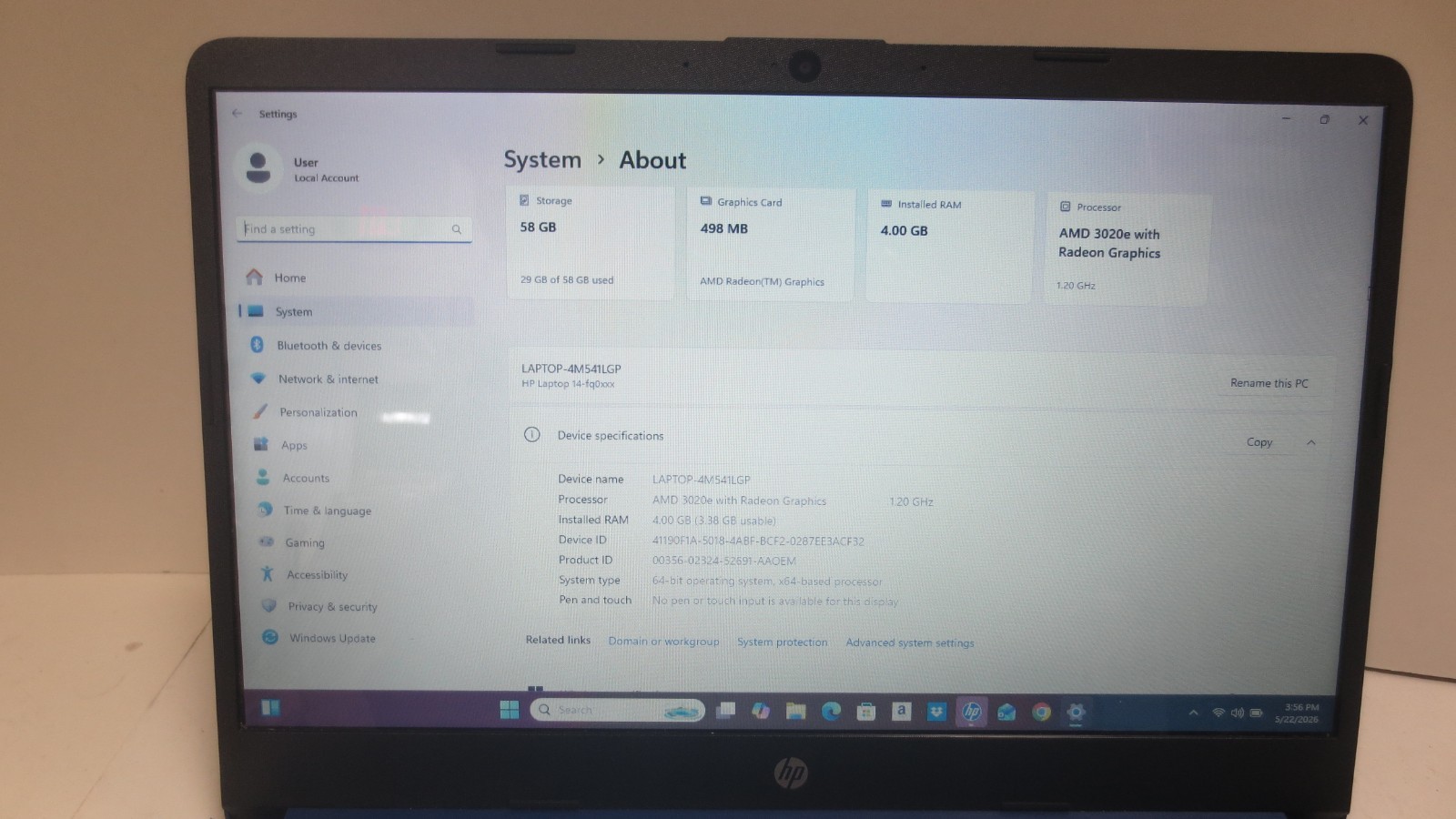 HP 14-fq0040nr Laptop, AMD 3020e, 4 GB RAM, 64 GB eMMC Storage, Win 11